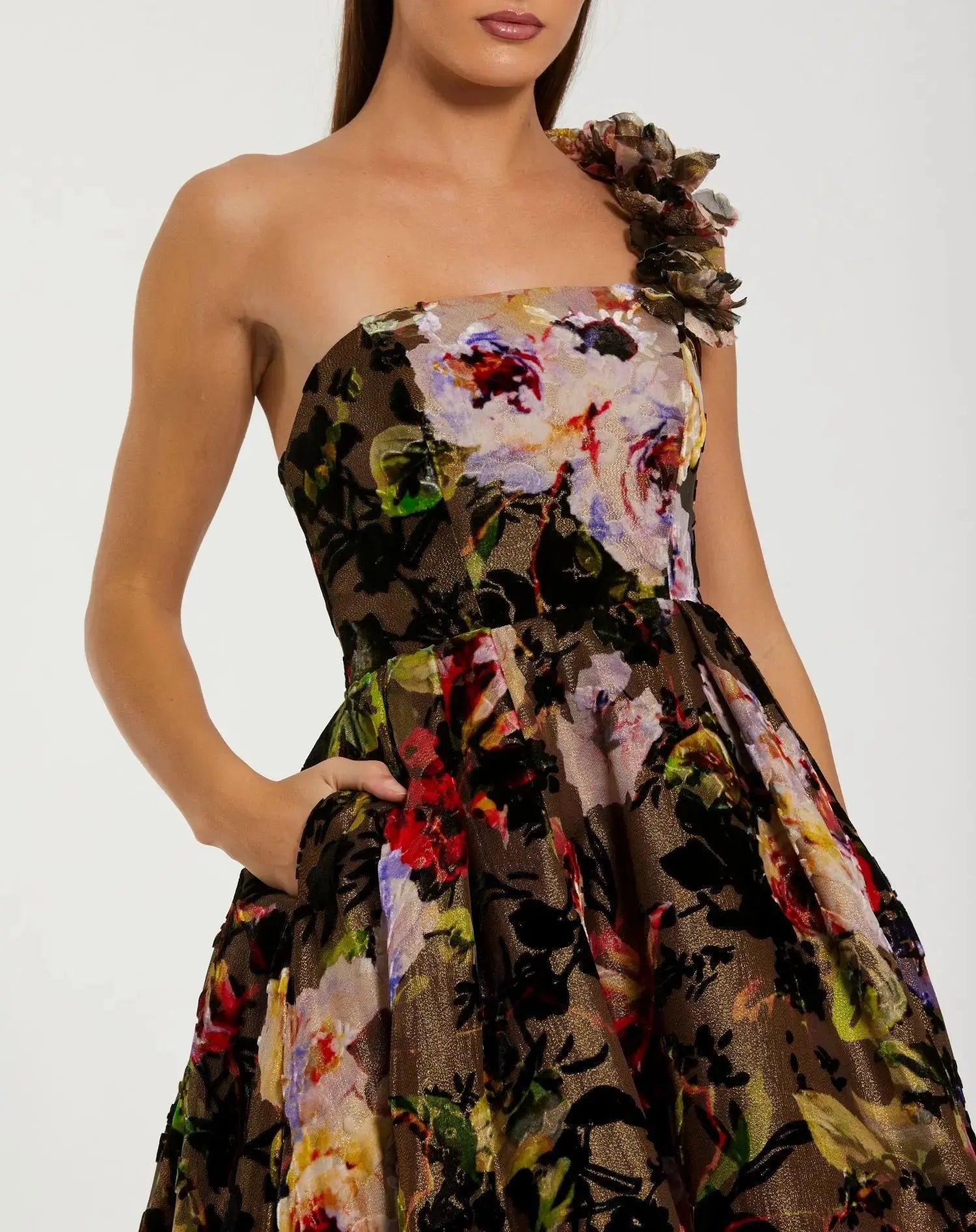 Multicolor One Shoulder Floral Velvet Ball Gown-Myartka
