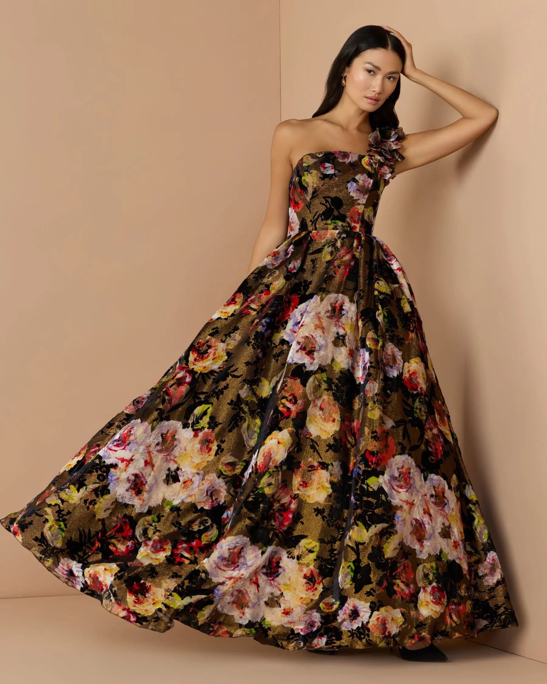 Multicolor One Shoulder Floral Velvet Ball Gown-Myartka