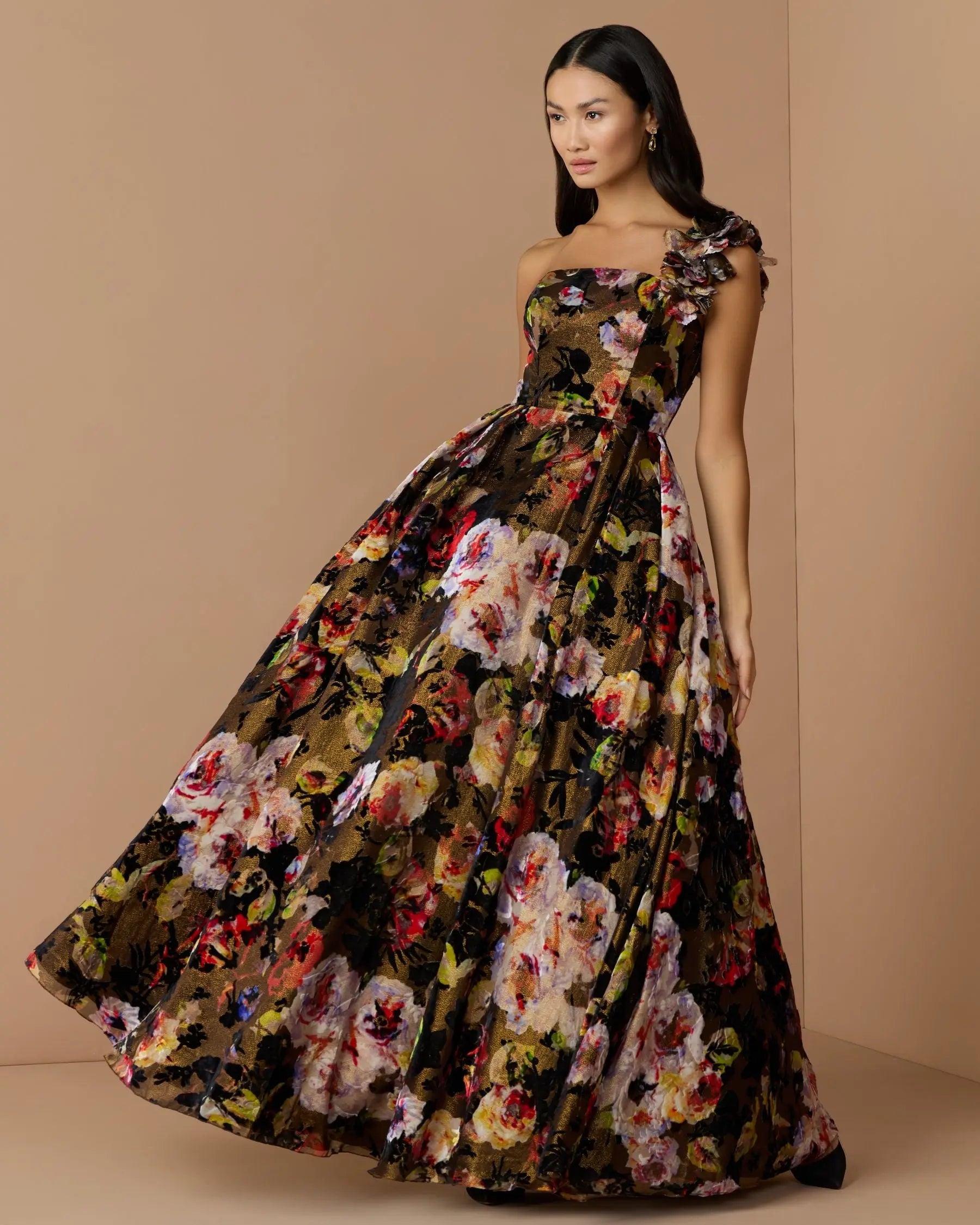 Multicolor One Shoulder Floral Velvet Ball Gown-Myartka