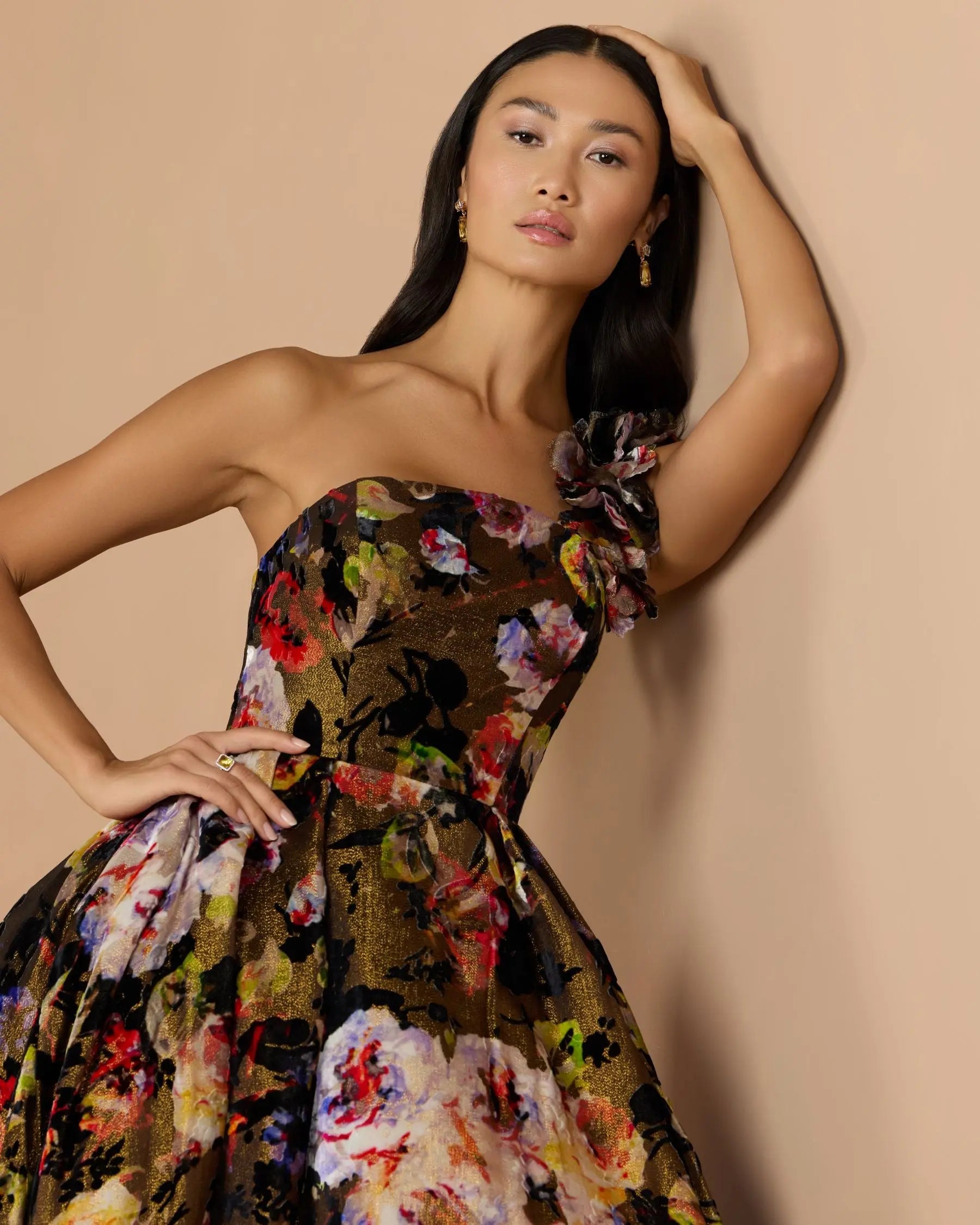 Multicolor One Shoulder Floral Velvet Ball Gown-Myartka