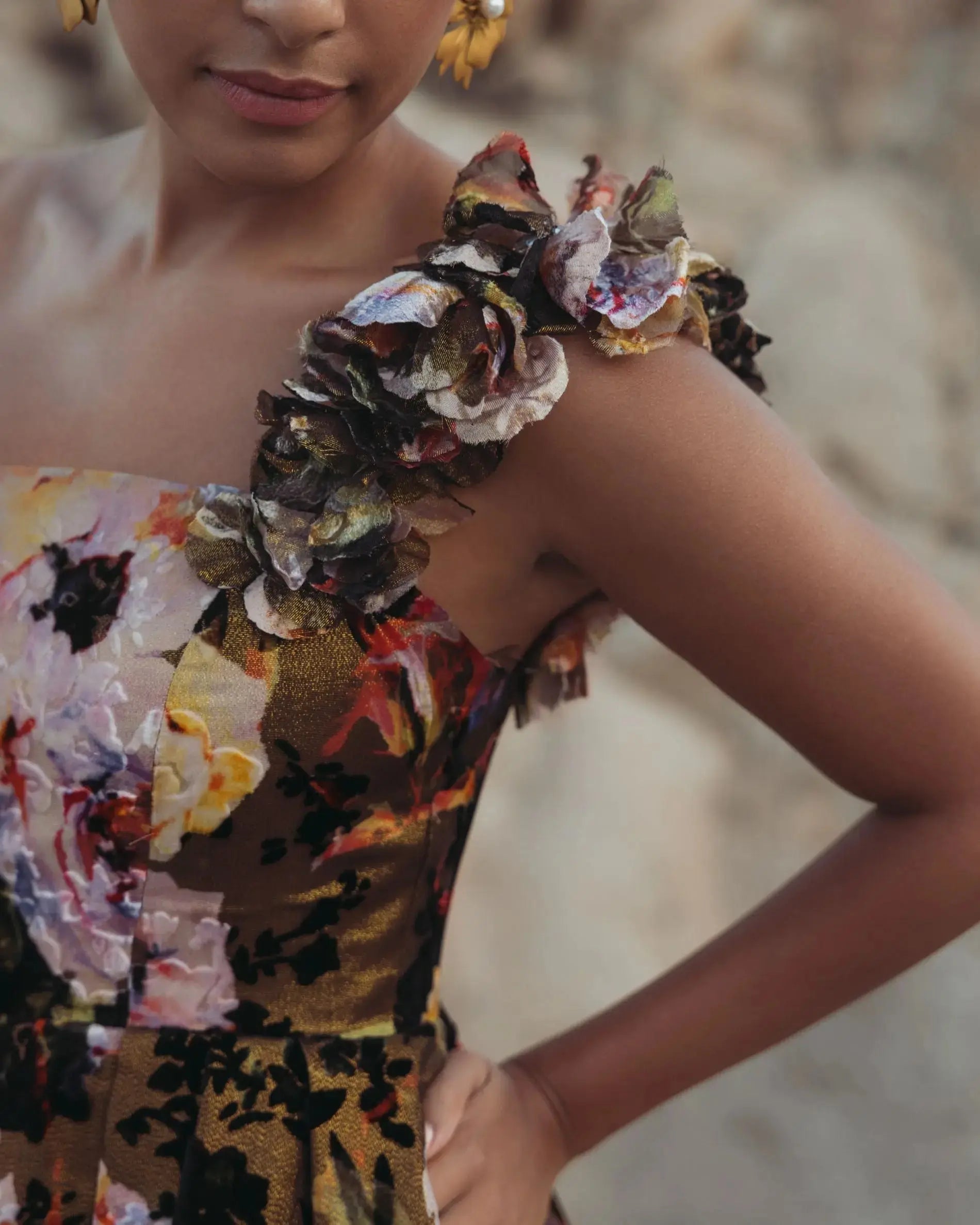 Multicolor One Shoulder Floral Velvet Ball Gown-Myartka