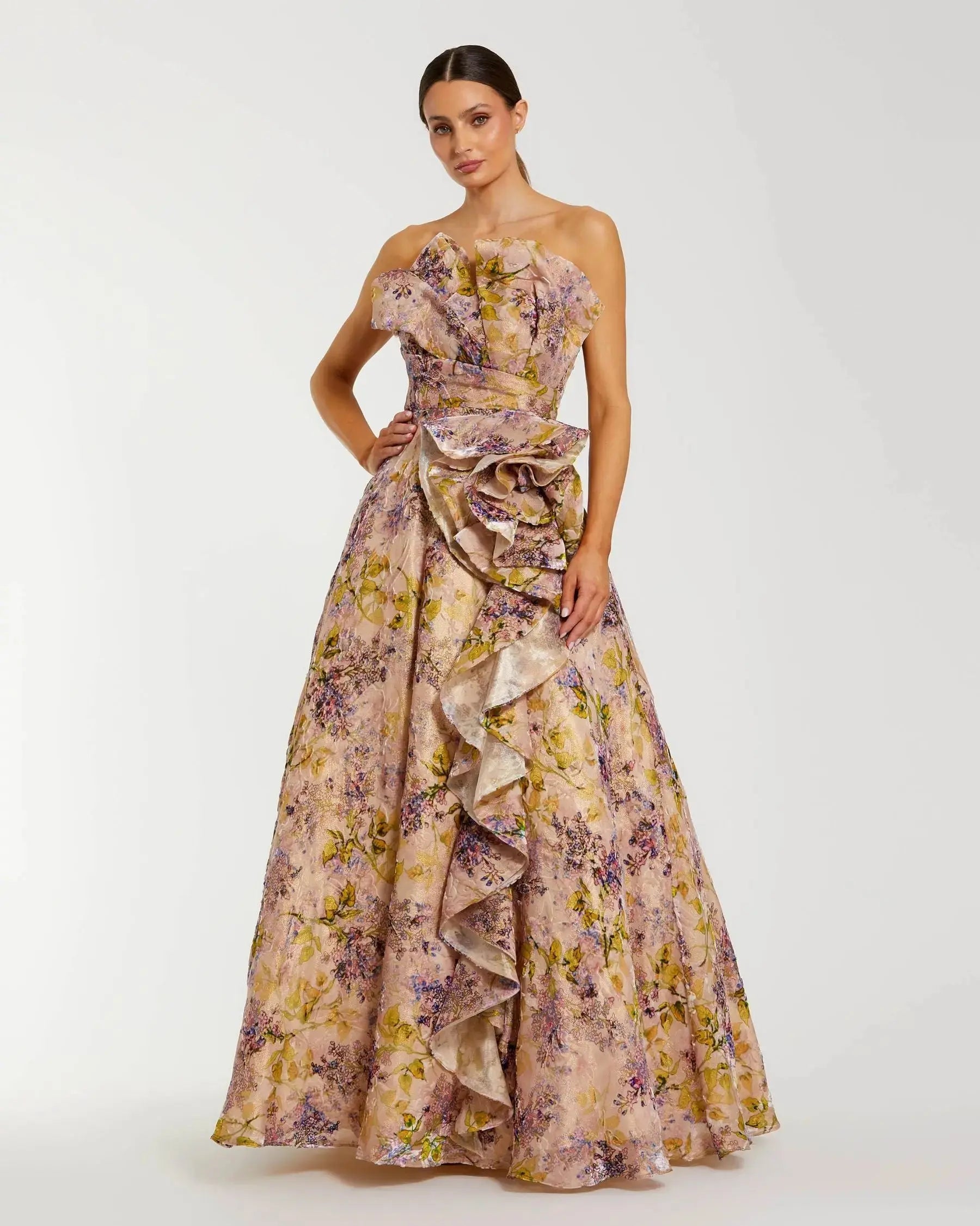 Pink Strapless Floral Ball Gown With Ruffle Detail-Myartka