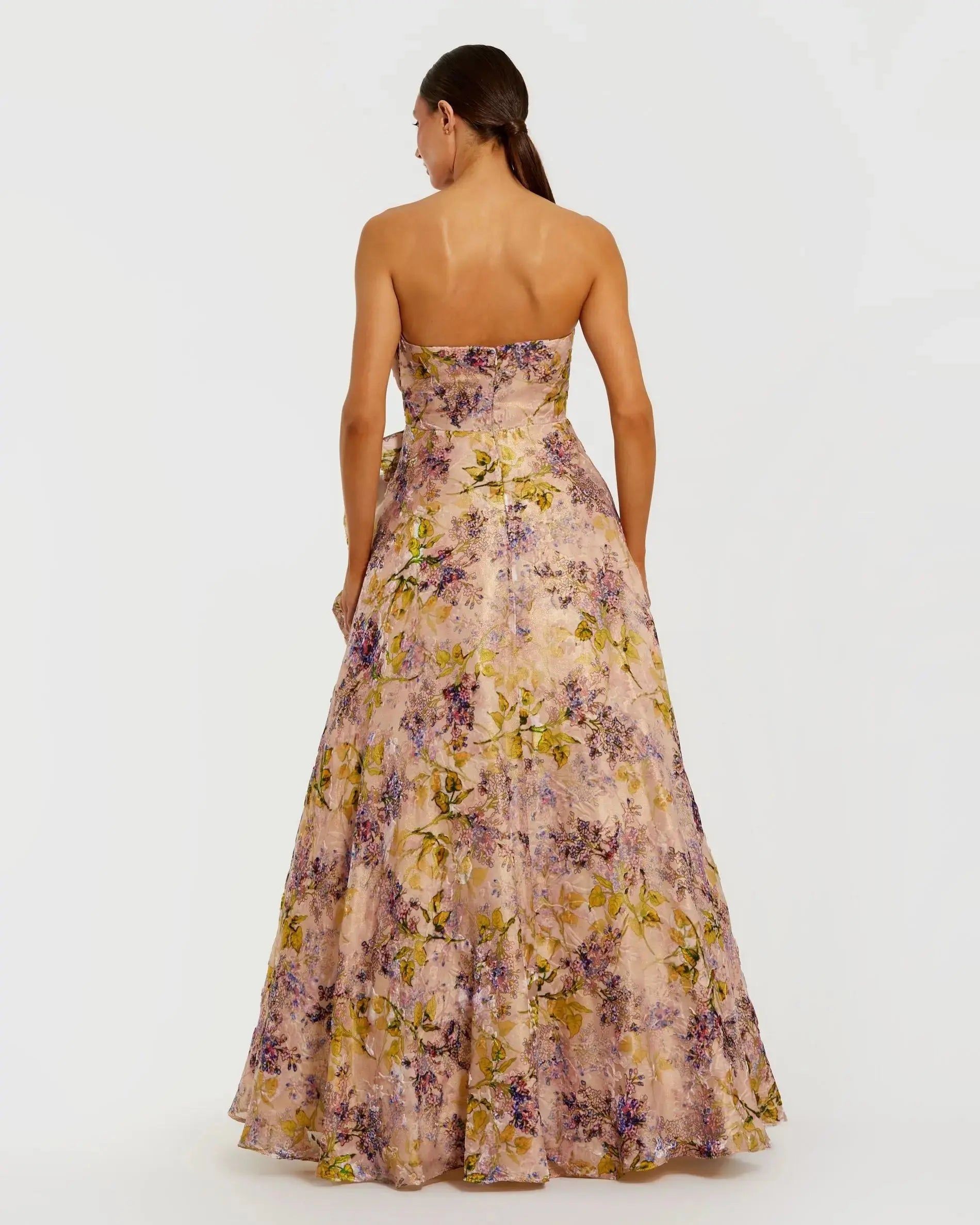 Pink Strapless Floral Ball Gown With Ruffle Detail-Myartka