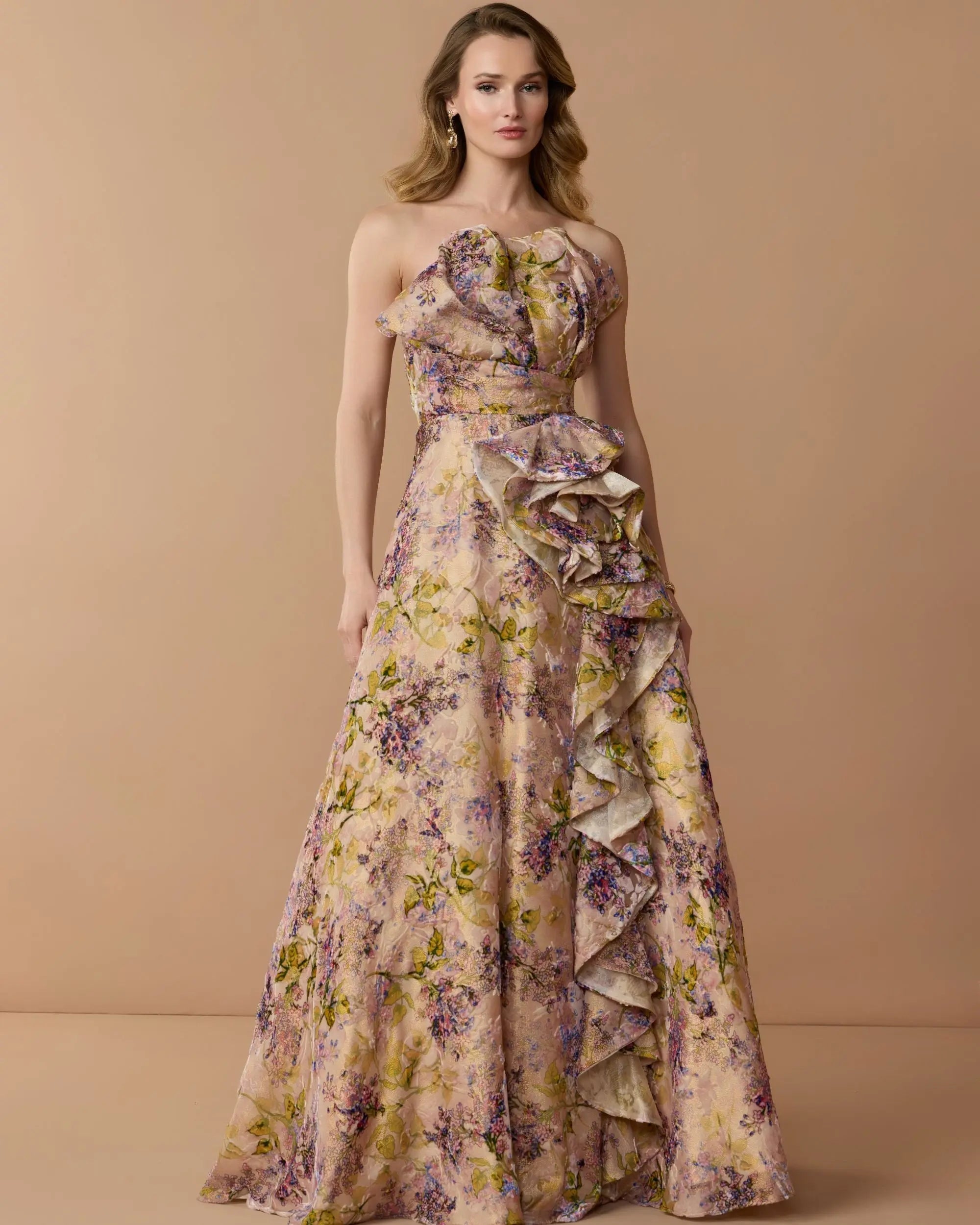 Pink Strapless Floral Ball Gown With Ruffle Detail-Myartka