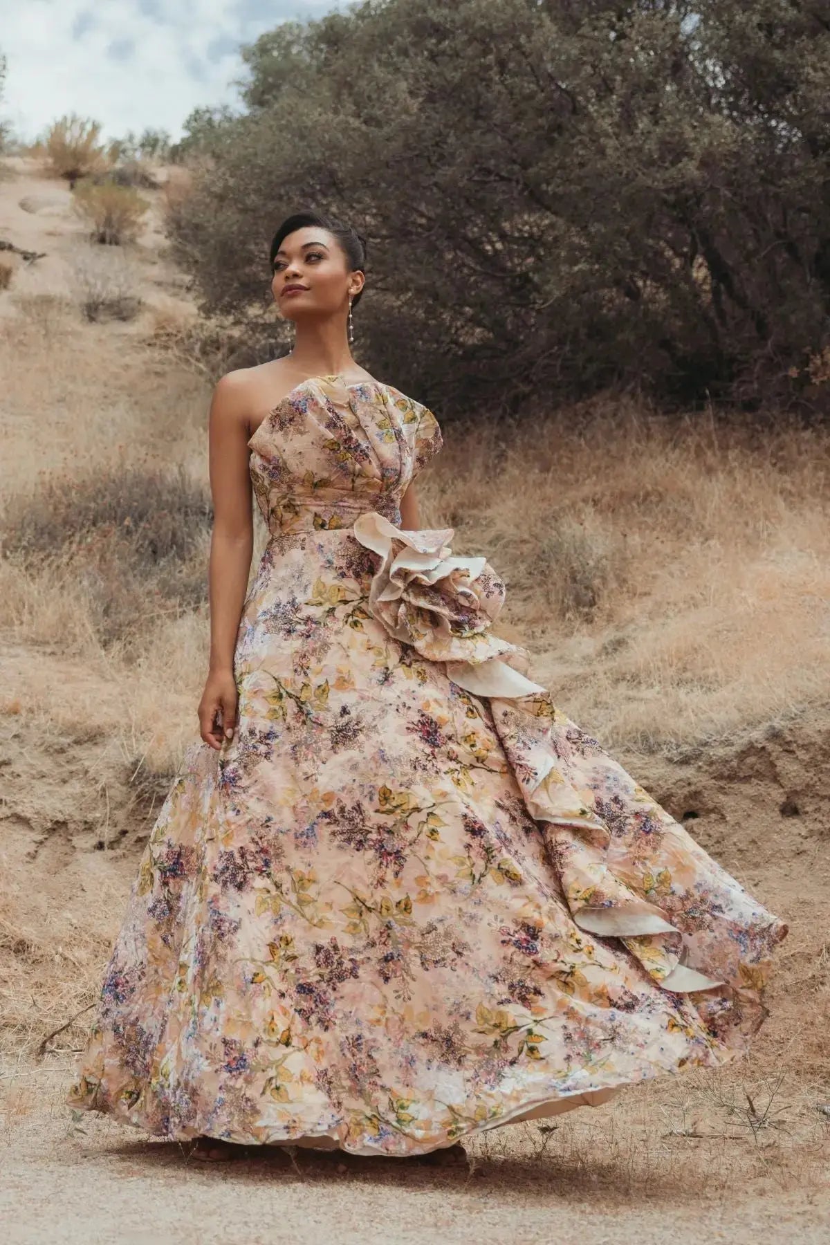 Pink Strapless Floral Ball Gown With Ruffle Detail-Myartka