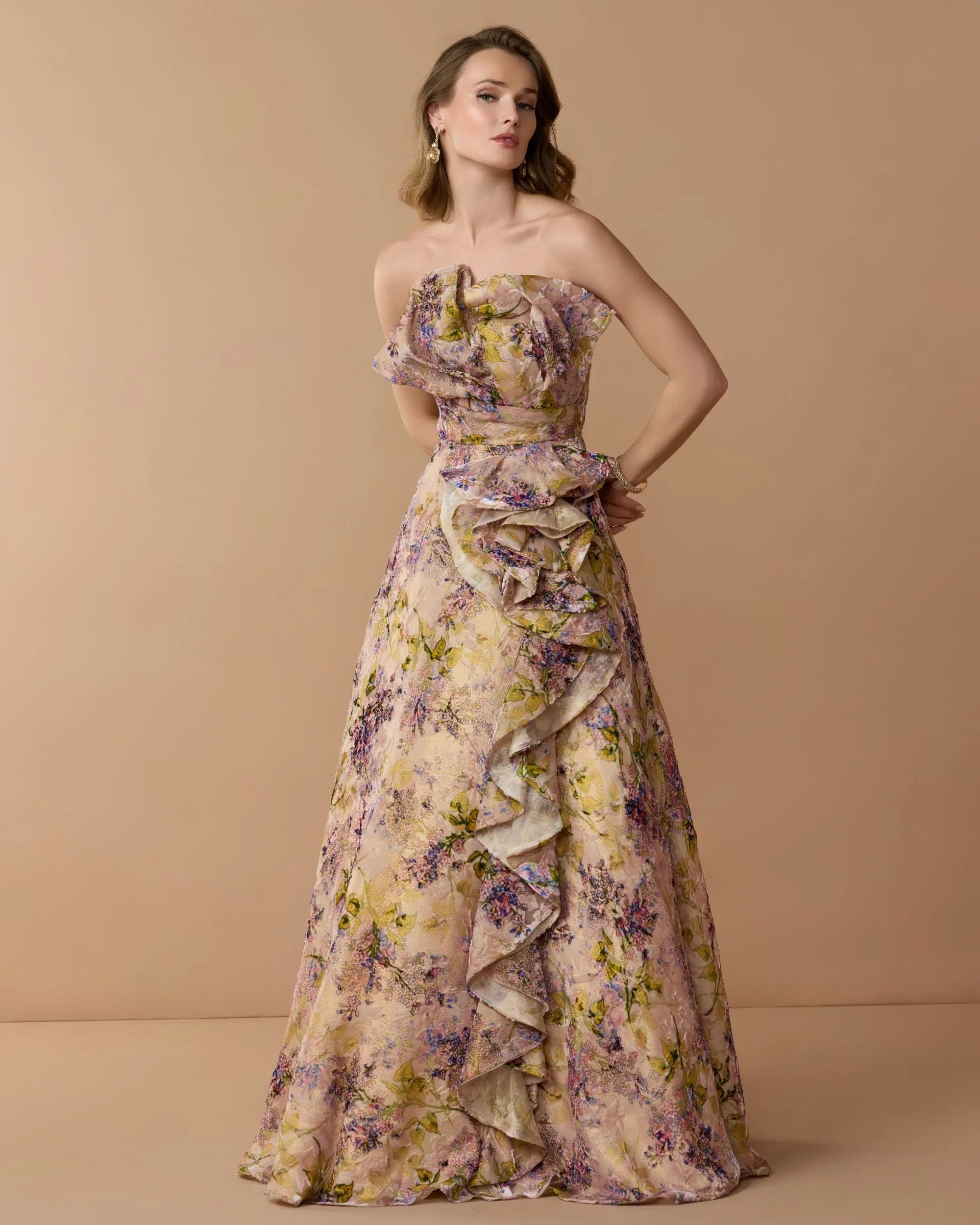 Pink Strapless Floral Ball Gown With Ruffle Detail-Myartka