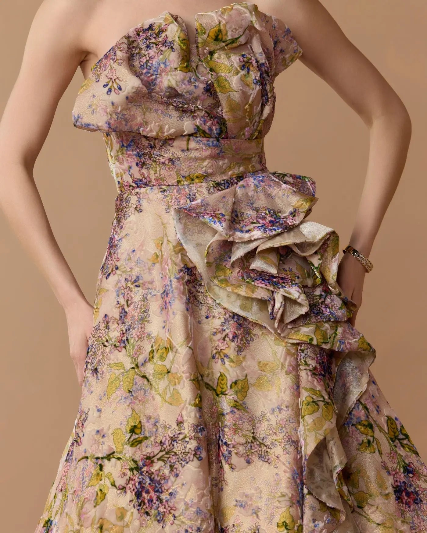 Pink Strapless Floral Ball Gown With Ruffle Detail-Myartka