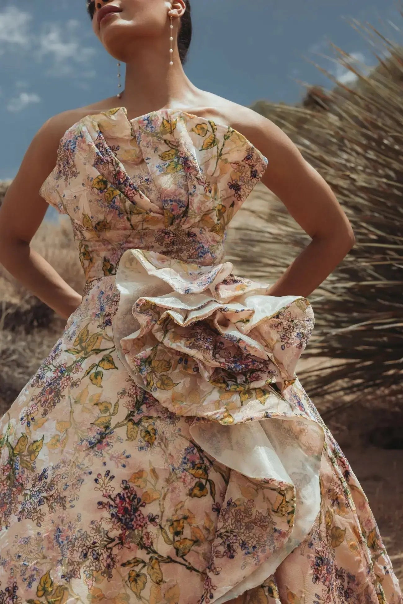 Pink Strapless Floral Ball Gown With Ruffle Detail-Myartka