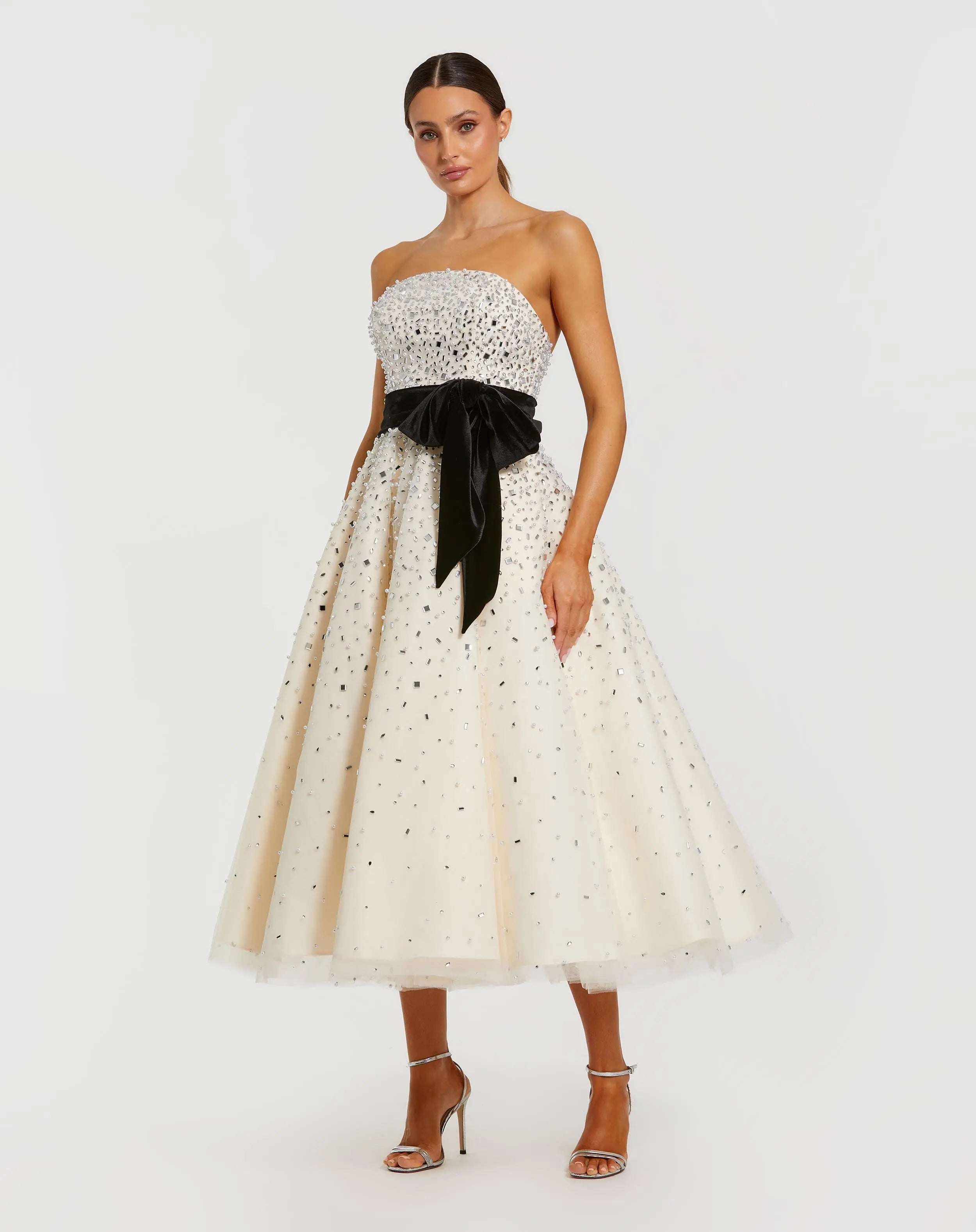 White Embellished Strapless Midi Dress with Velvet Bow-Myartka
