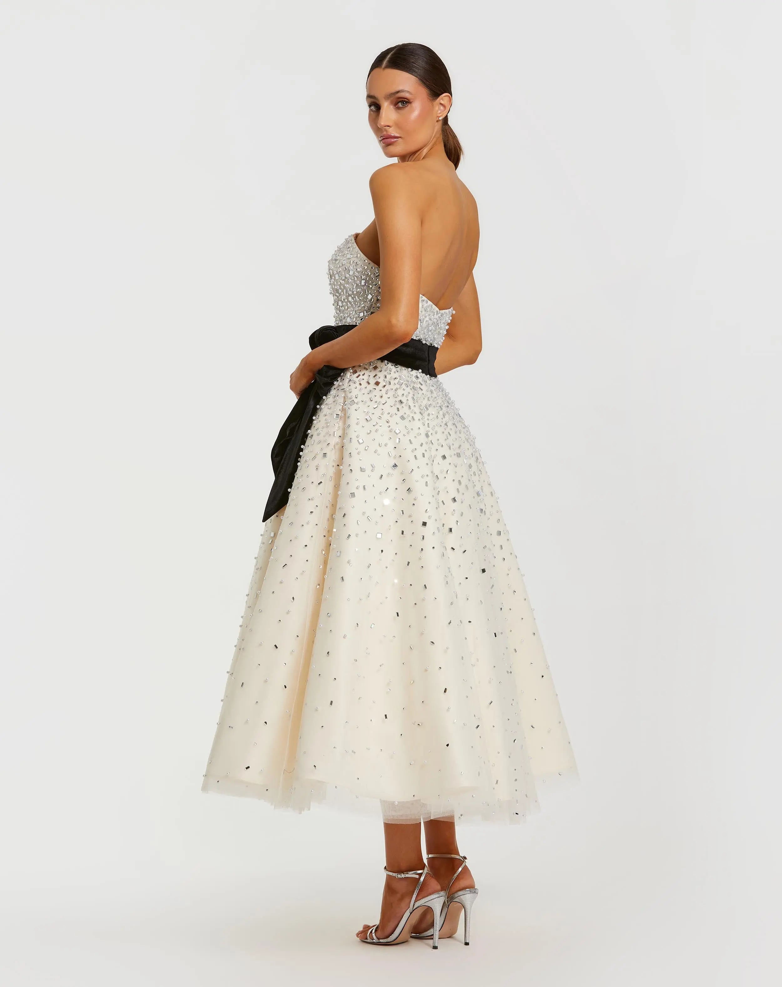 White Embellished Strapless Midi Dress with Velvet Bow-Myartka