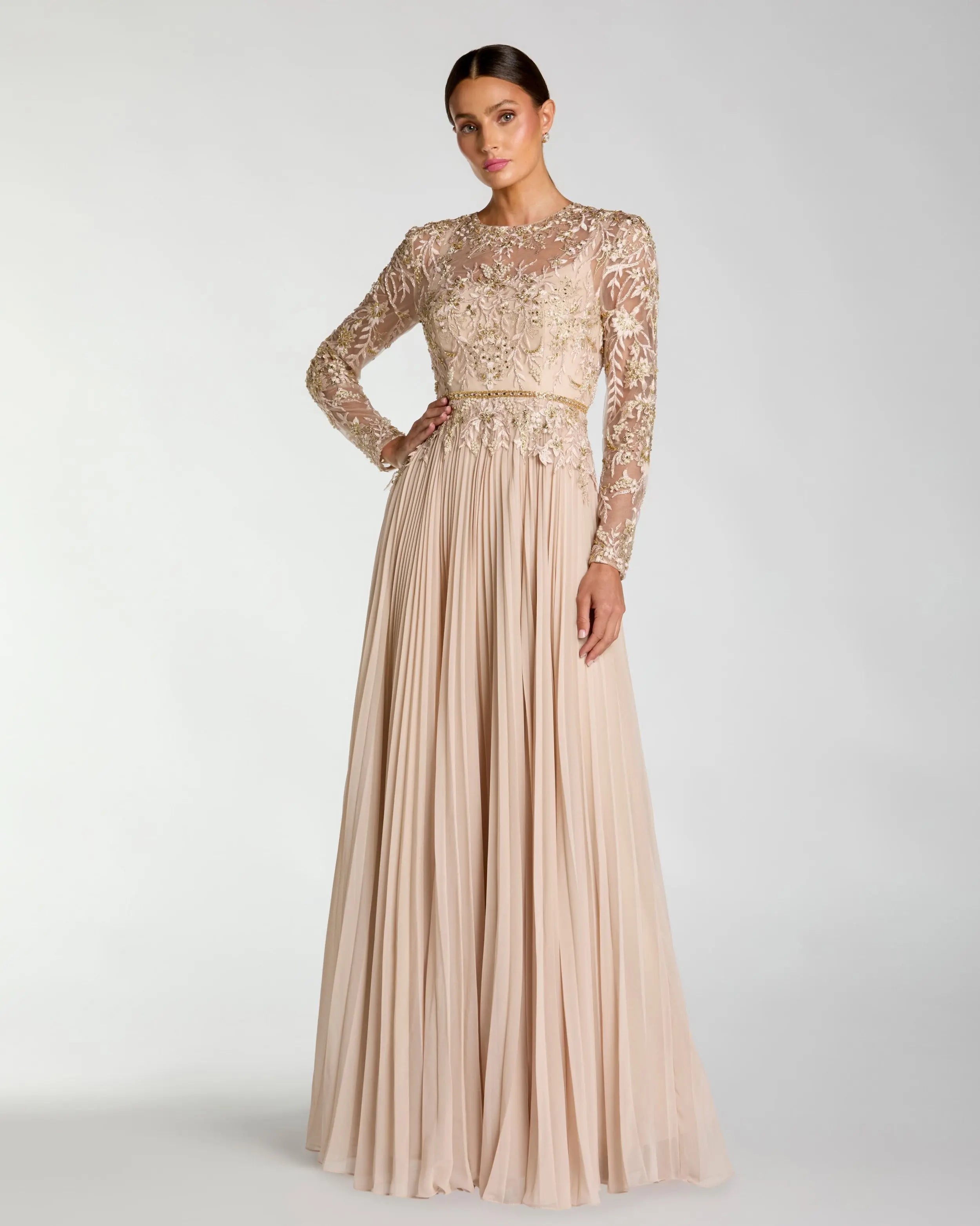 Beige Long Sleeve Chiffon Embellished Gown-Myartka