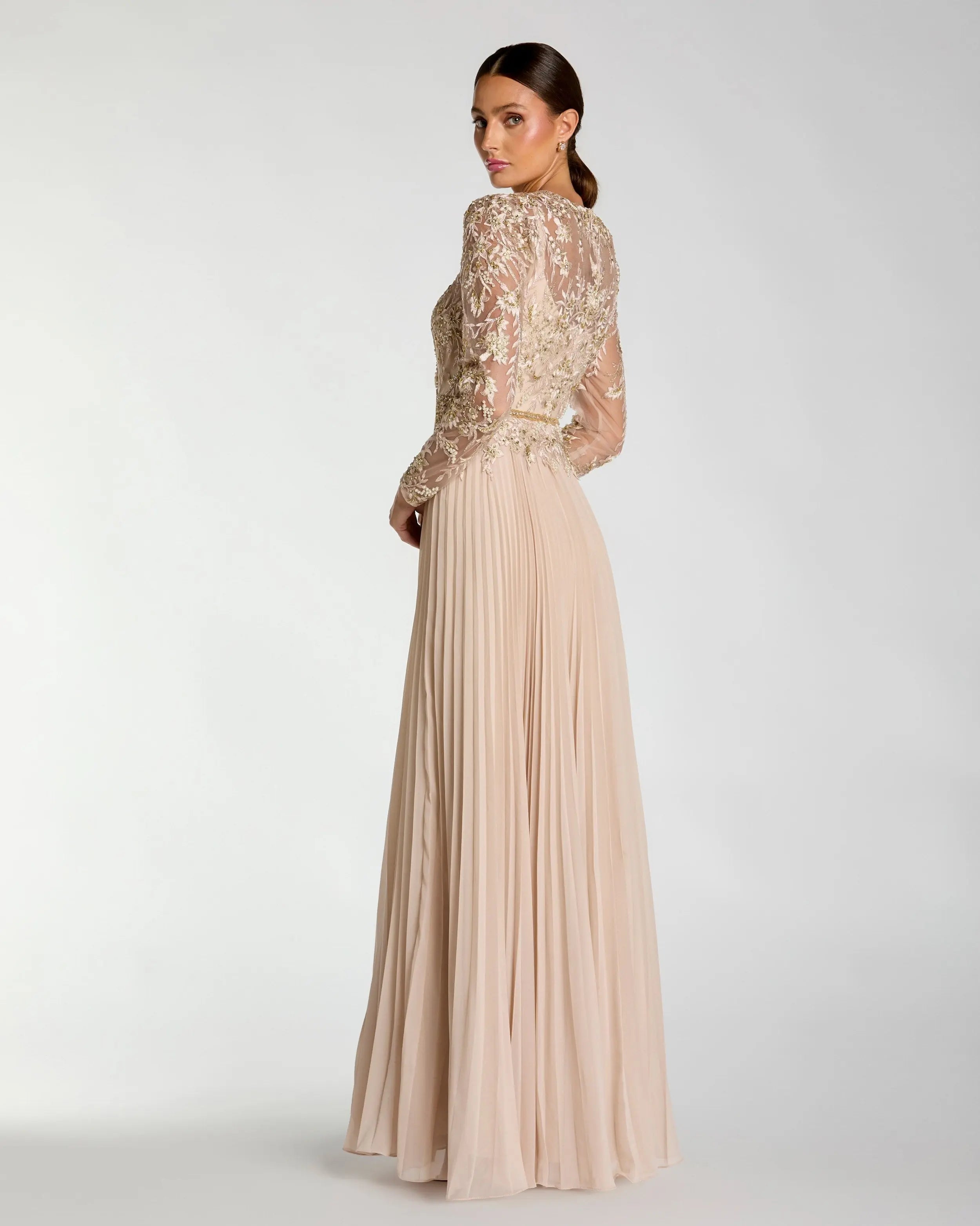 Beige Long Sleeve Chiffon Embellished Gown-Myartka