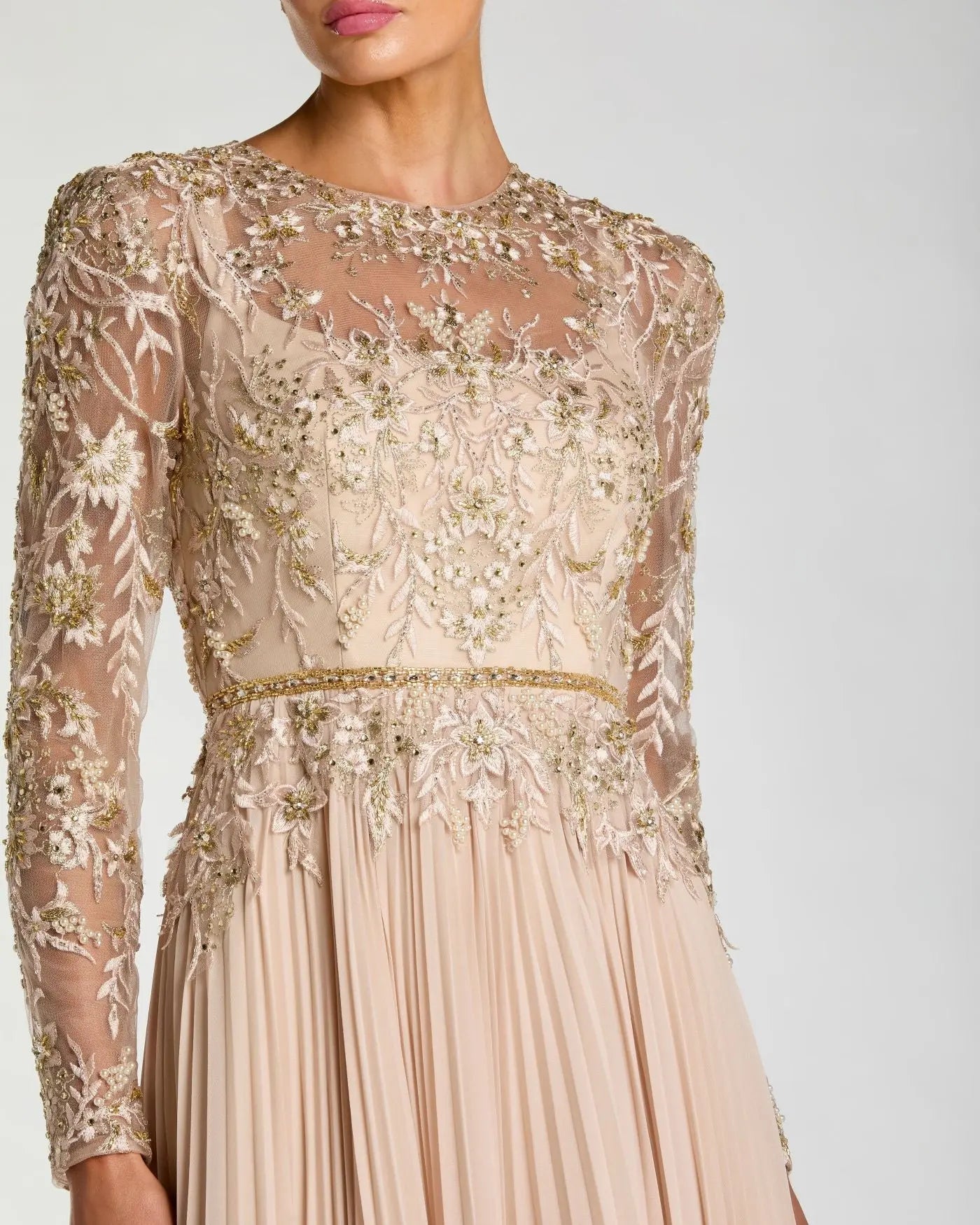 Beige Long Sleeve Chiffon Embellished Gown-Myartka