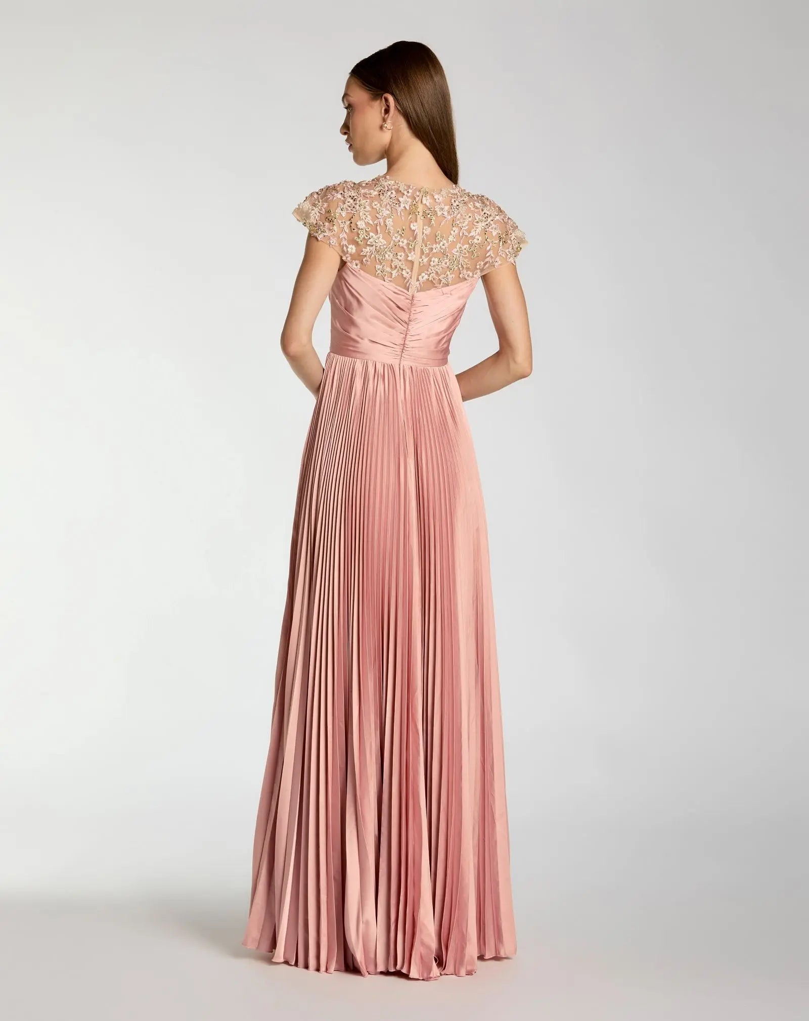 Pink Pleated Charmeuse Embellished Cap Sleeve Gown-Myartka