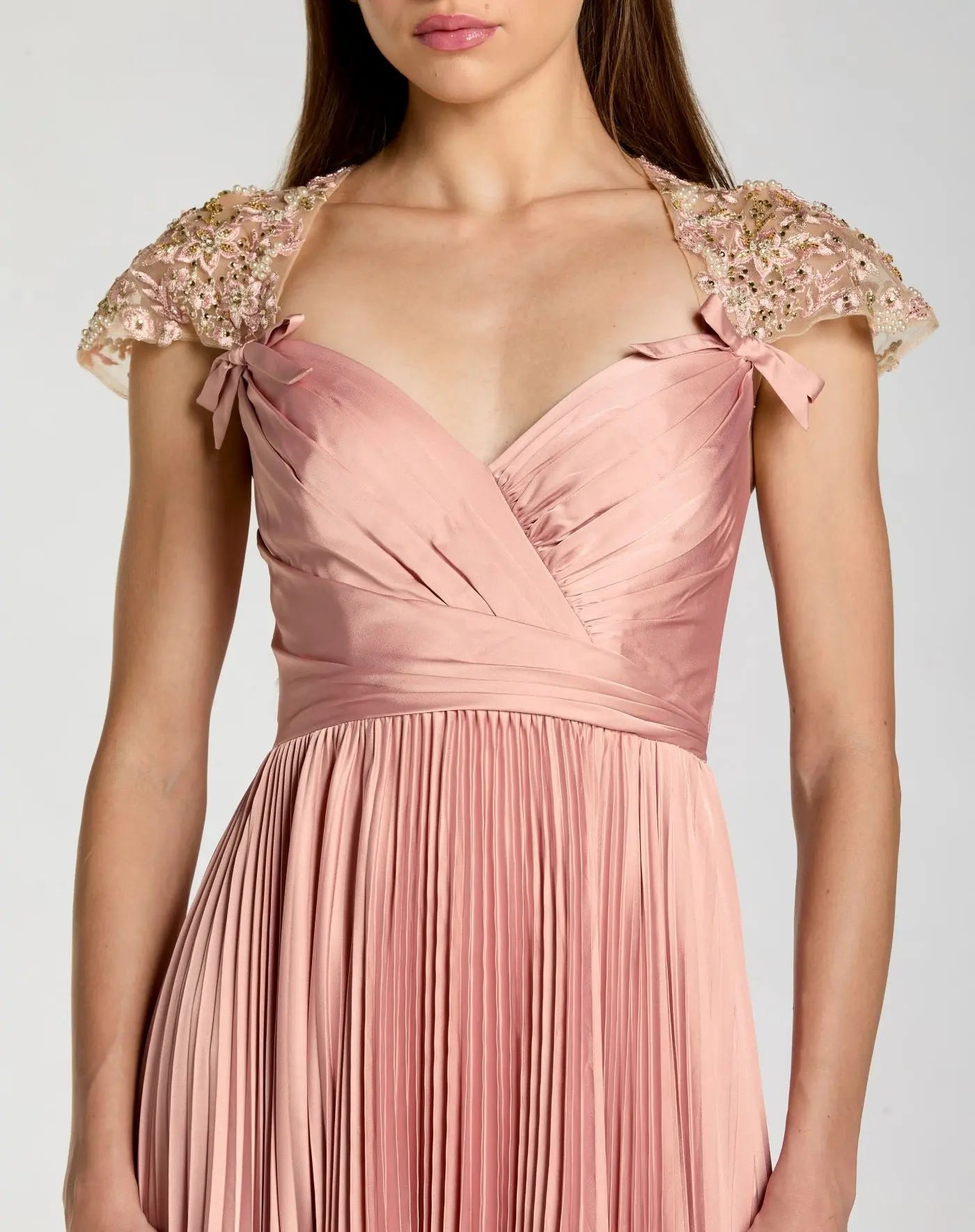 Pink Pleated Charmeuse Embellished Cap Sleeve Gown-Myartka