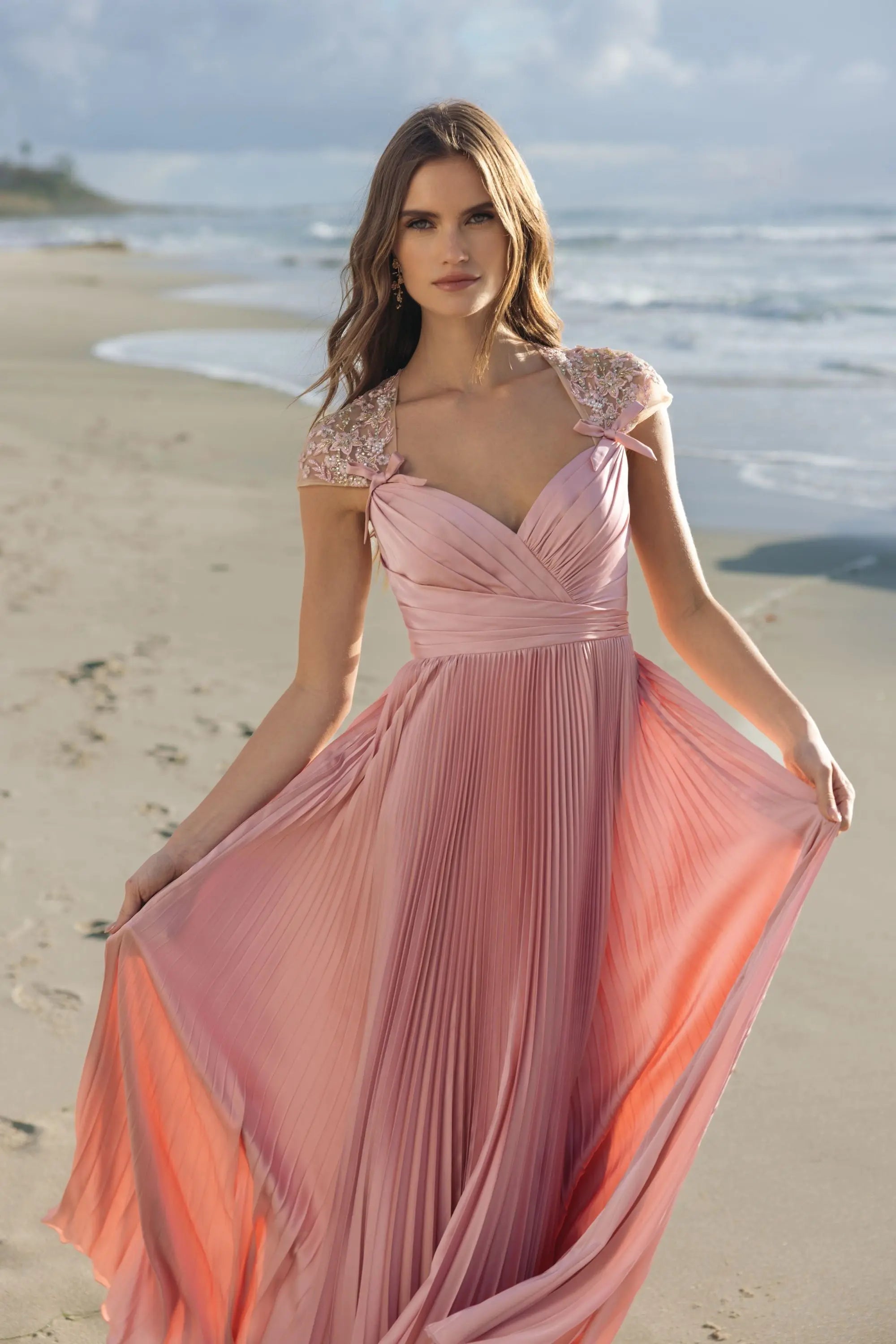Pink Pleated Charmeuse Embellished Cap Sleeve Gown-Myartka