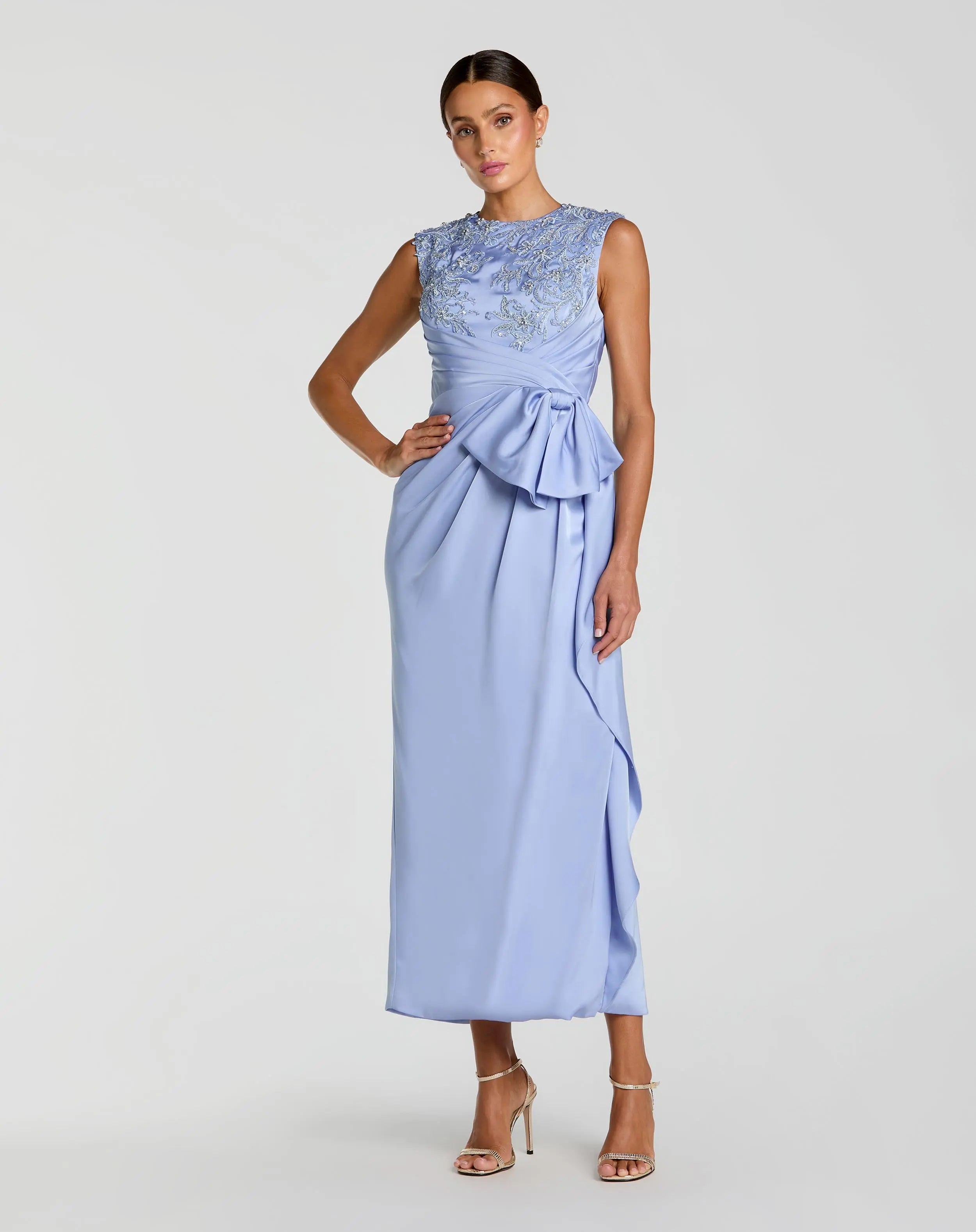 Blue Satin Beaded Embroidered Midi Dress With Bow-Myartka