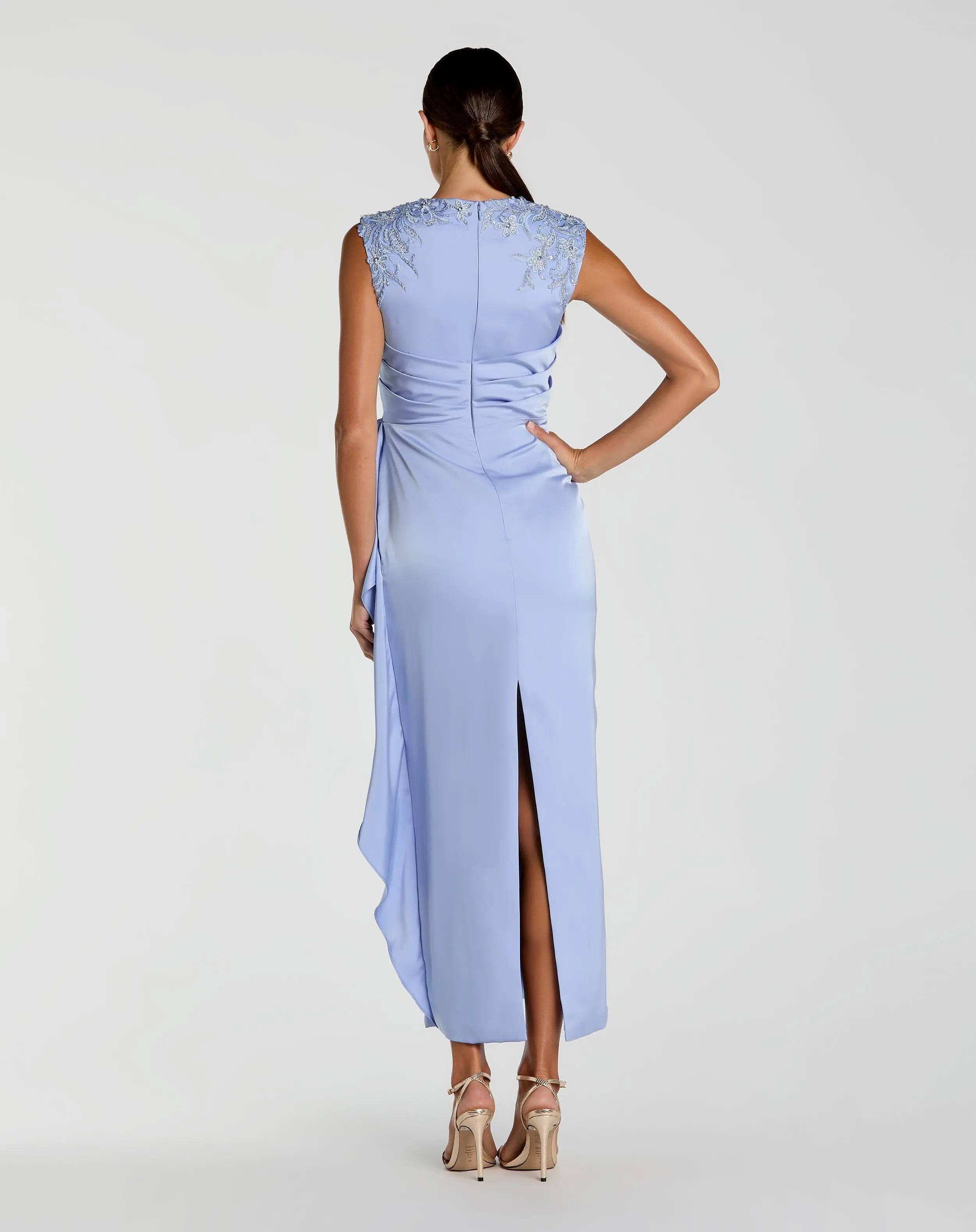 Blue Satin Beaded Embroidered Midi Dress With Bow-Myartka
