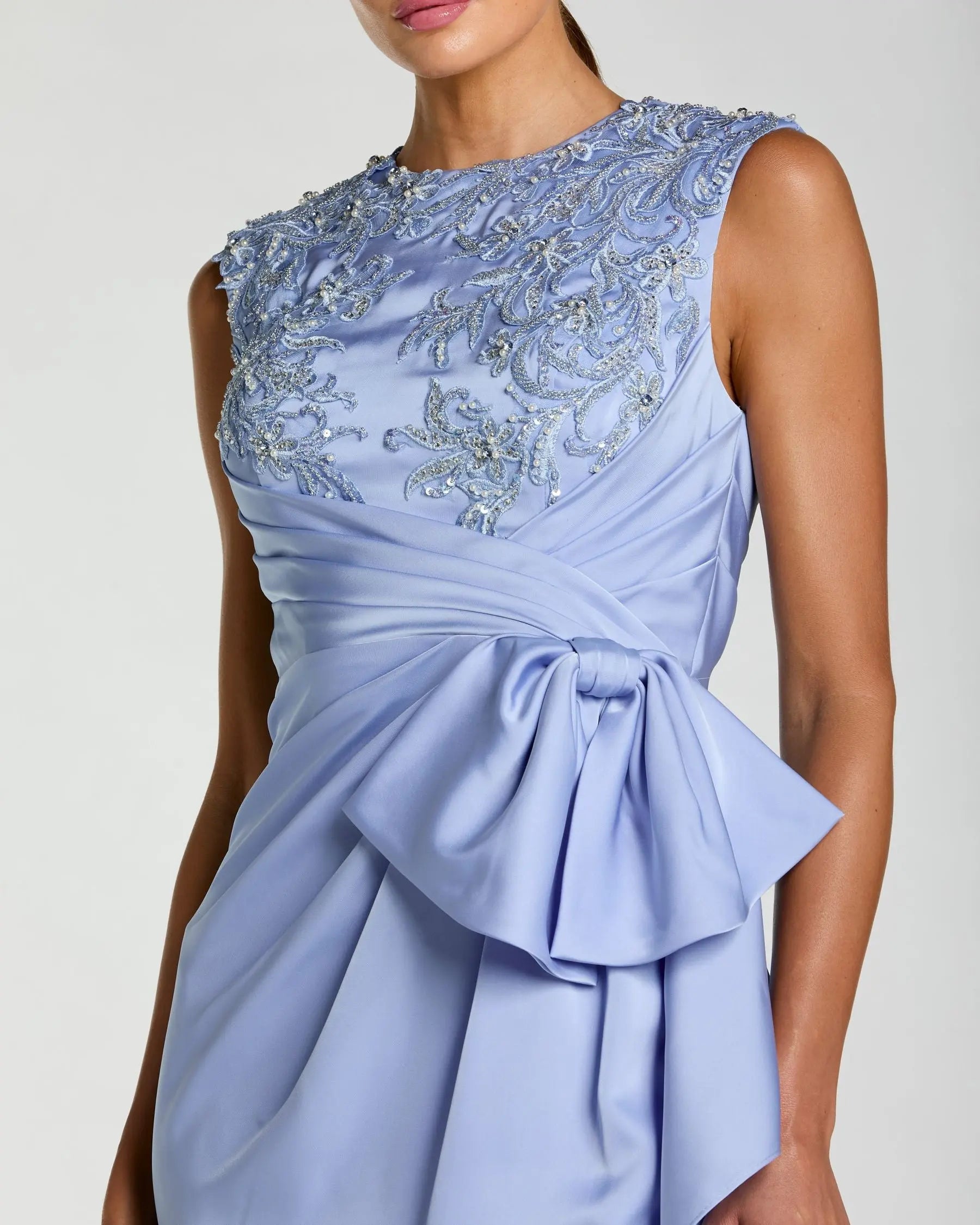 Blue Satin Beaded Embroidered Midi Dress With Bow-Myartka