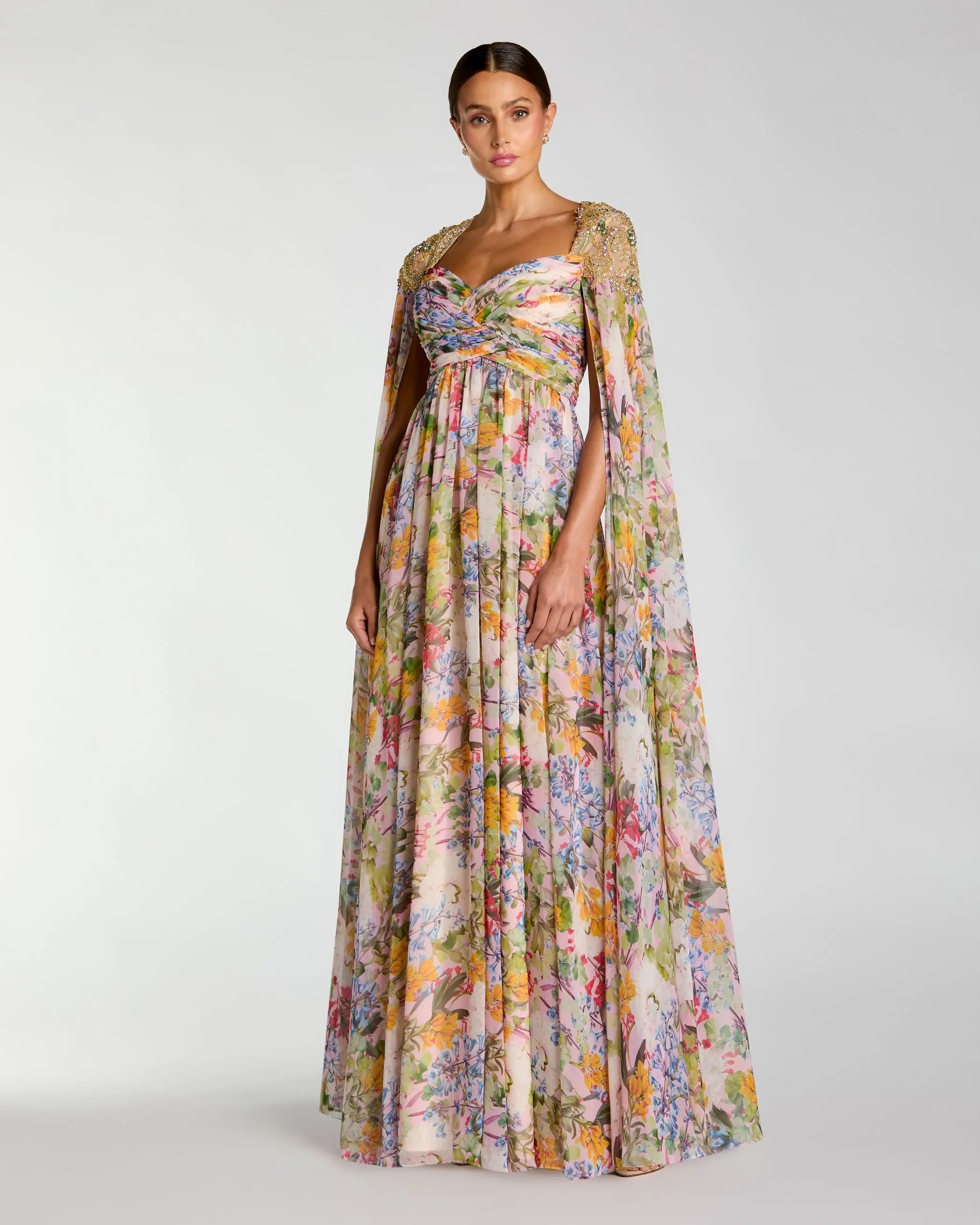 Multicolor Floral Gown With Beaded Cape Sleeves-Myartka