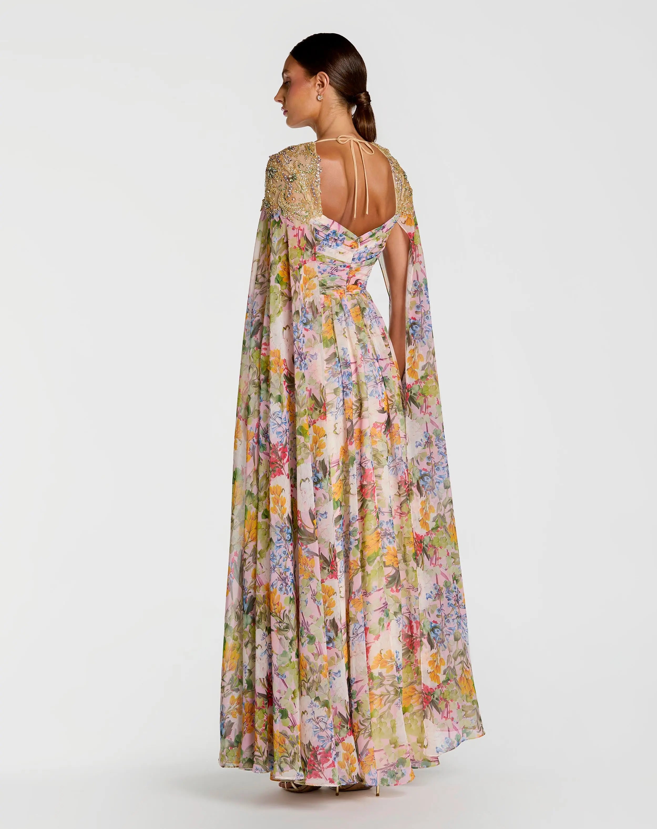 Multicolor Floral Gown With Beaded Cape Sleeves-Myartka