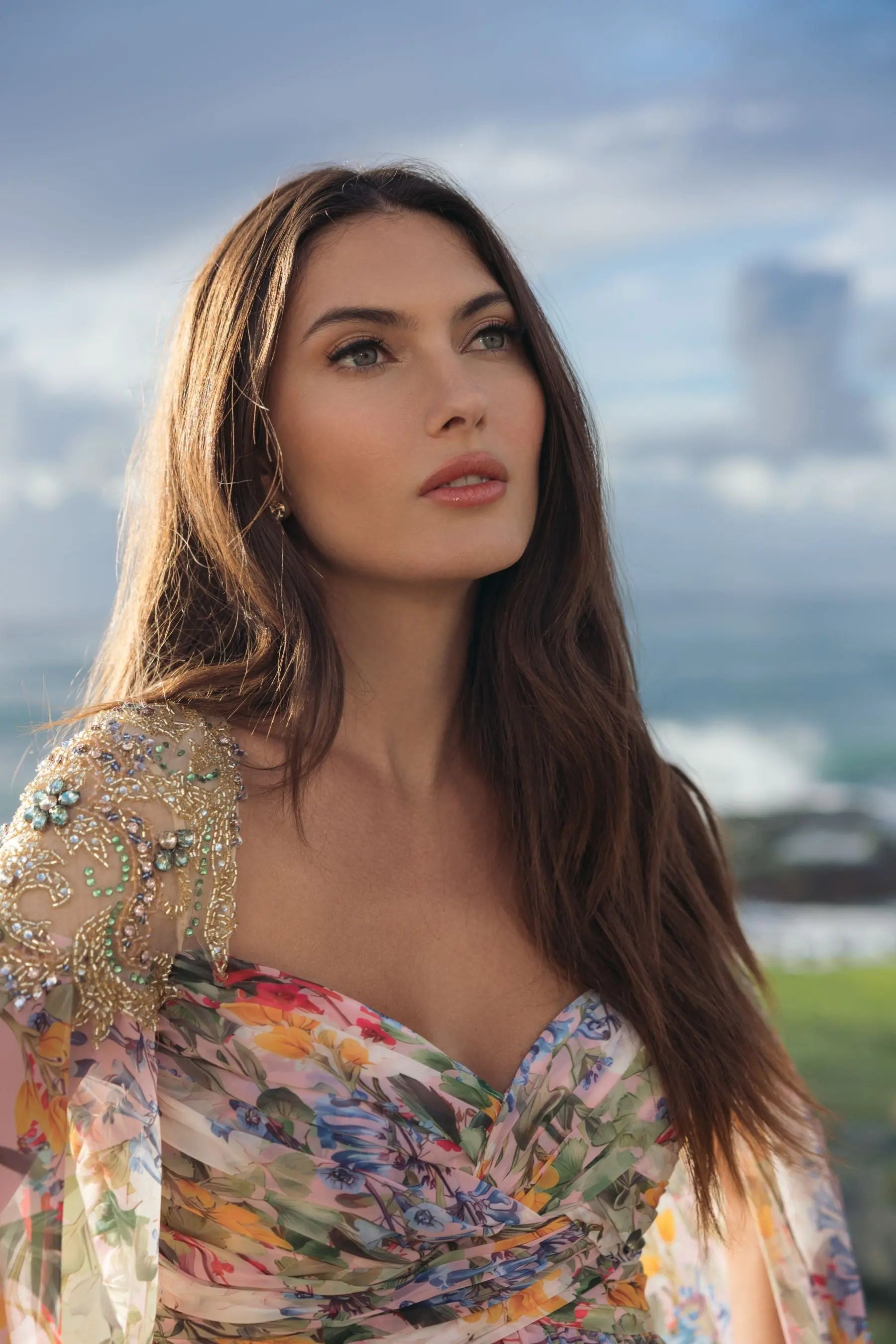 Multicolor Floral Gown With Beaded Cape Sleeves-Myartka