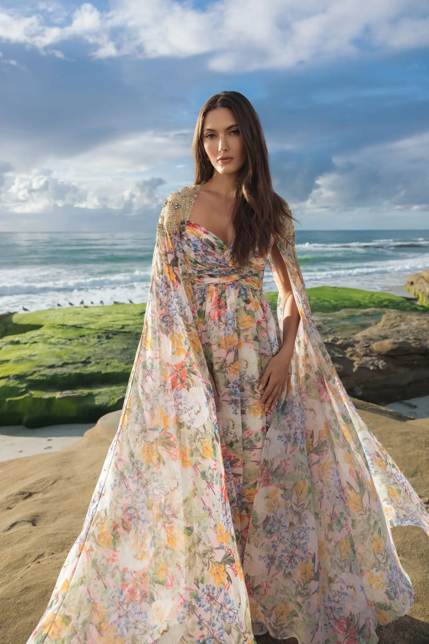 Multicolor Floral Gown With Beaded Cape Sleeves-Myartka