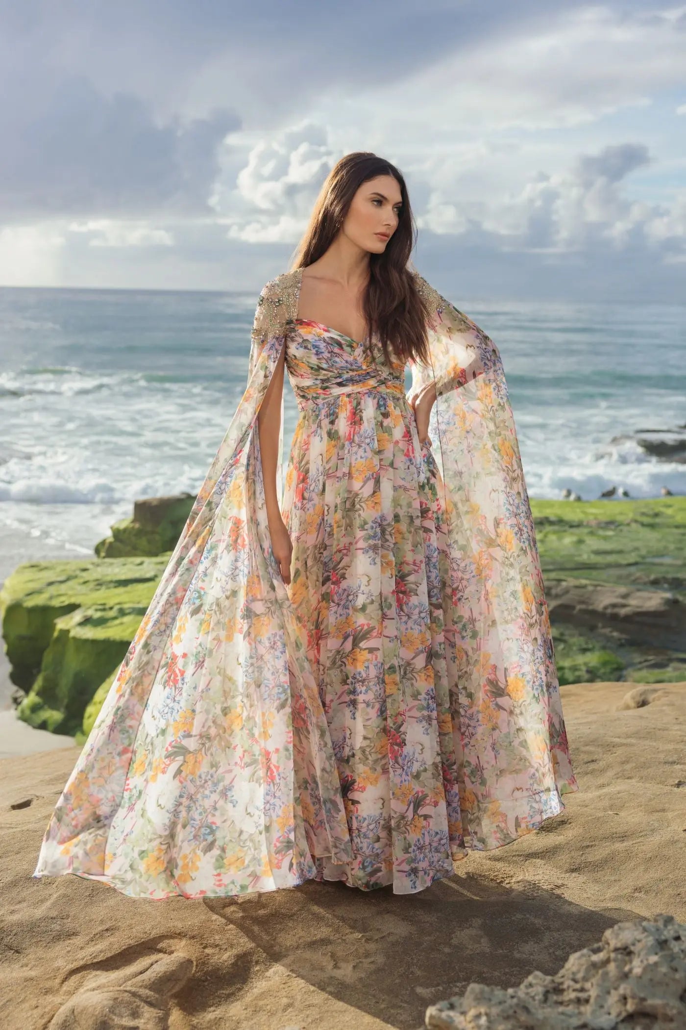 Multicolor Floral Gown With Beaded Cape Sleeves-Myartka