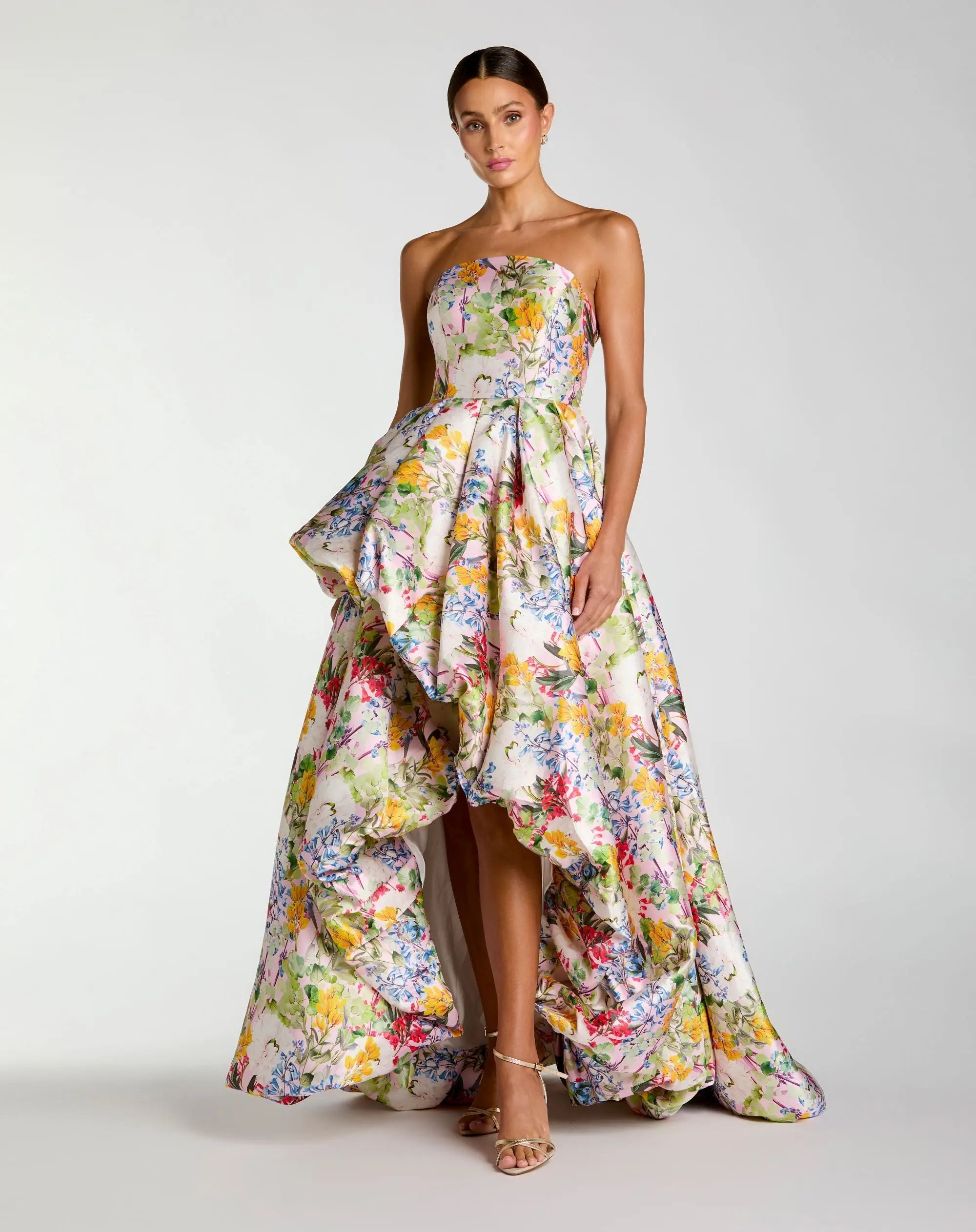 Multicolor Strapless Floral High Low Bubble Hem Gown-Myartka