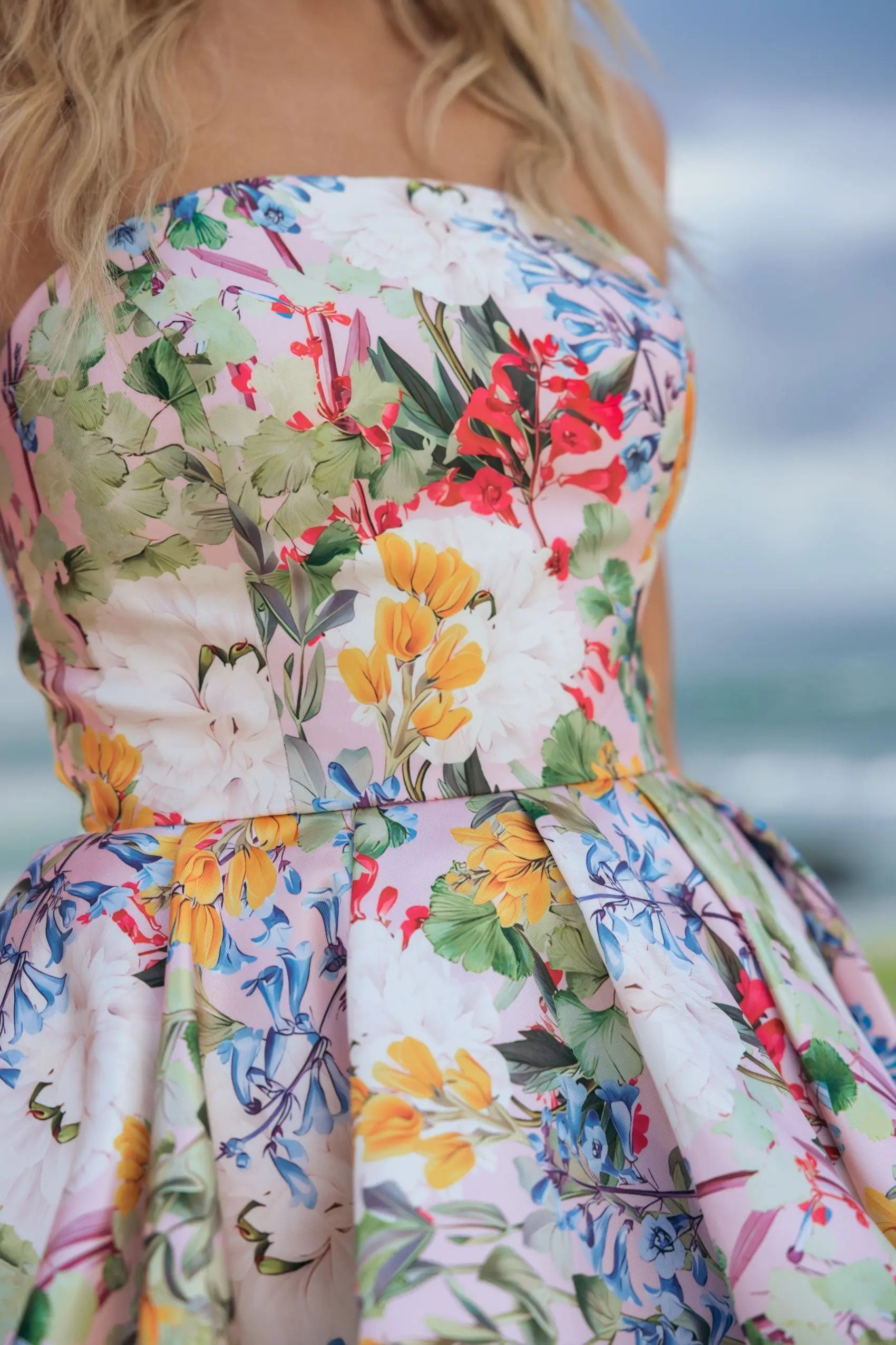 Multicolor Strapless Floral High Low Bubble Hem Gown-Myartka