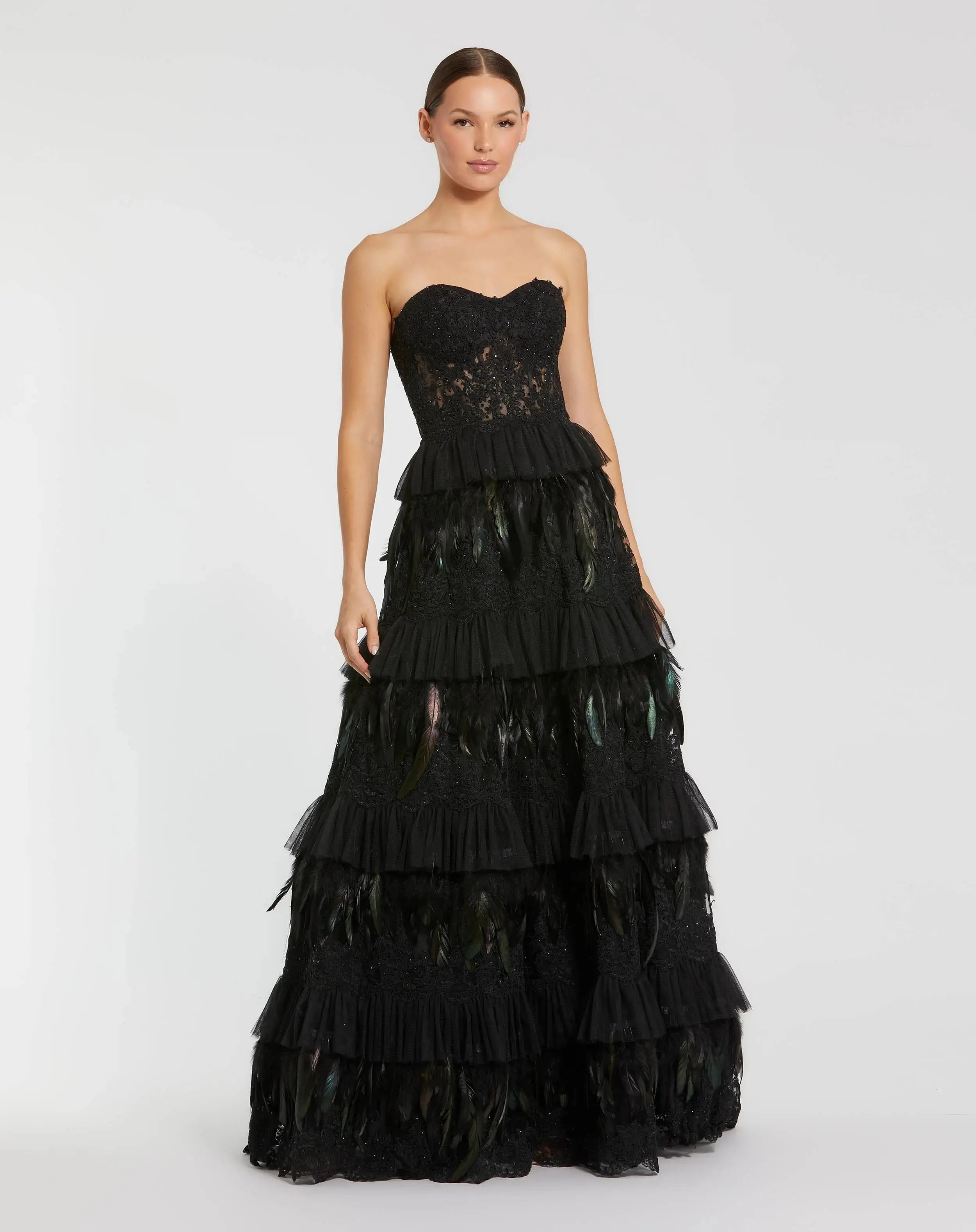 Black Strapless Sweetheart Lace Tiered Feather Ball Gown-Myartka