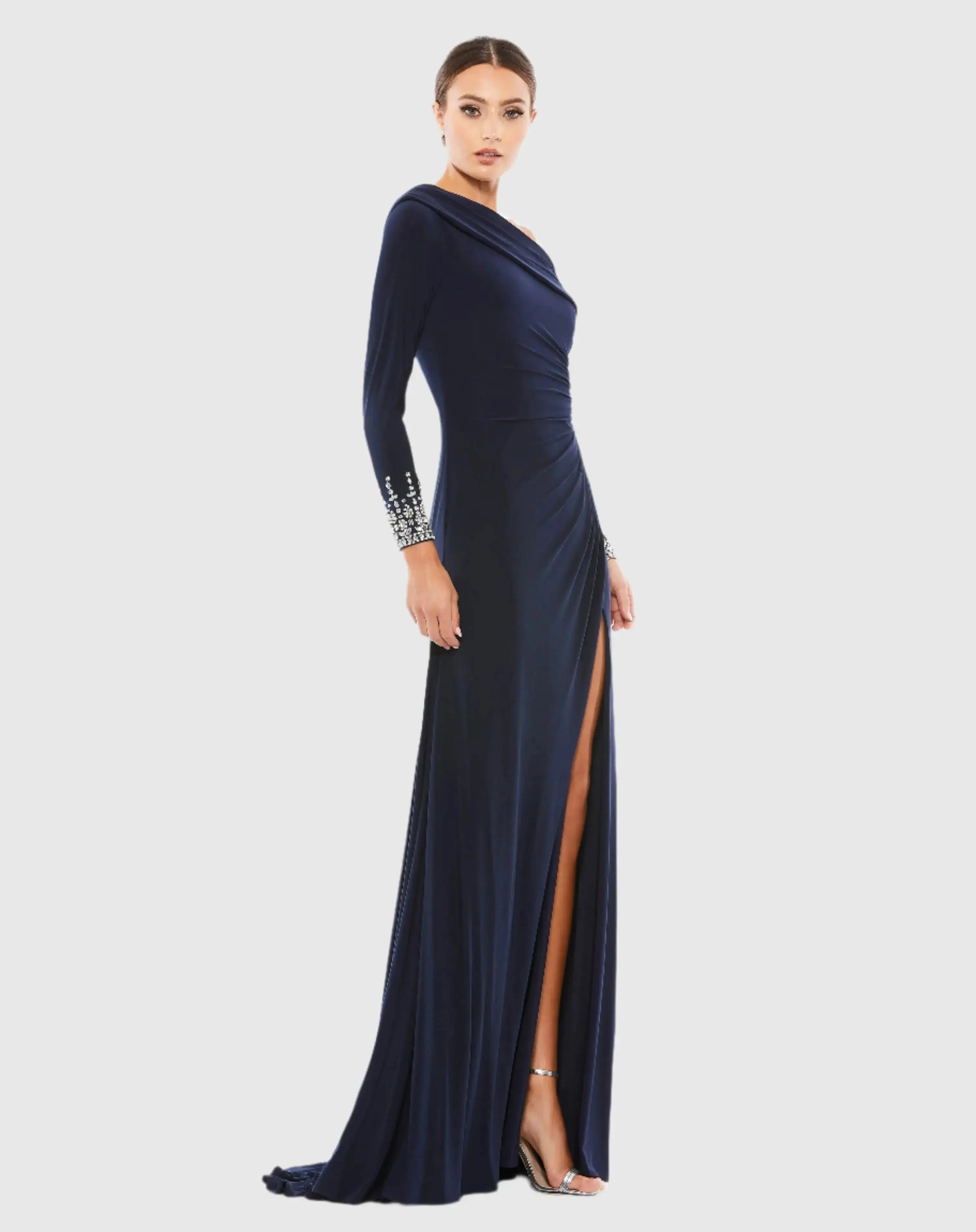 Navy Beaded Cuff Drop Shoulder Faux Wrap Gown-Myartka