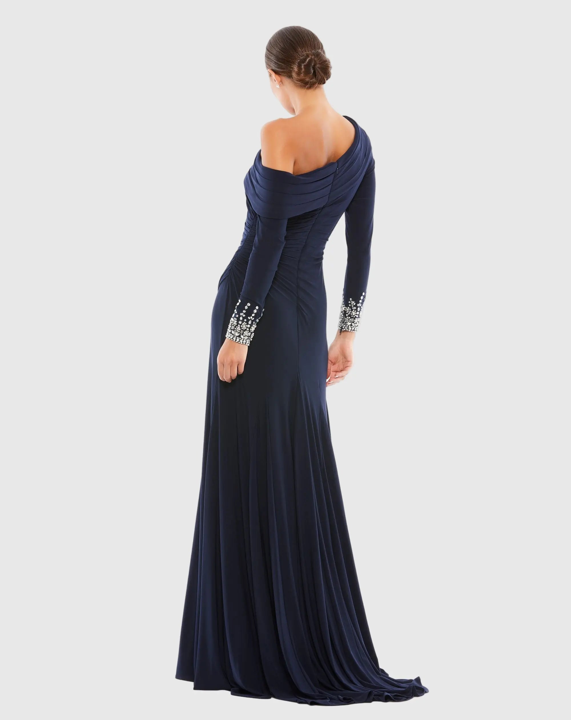 Navy Beaded Cuff Drop Shoulder Faux Wrap Gown-Myartka