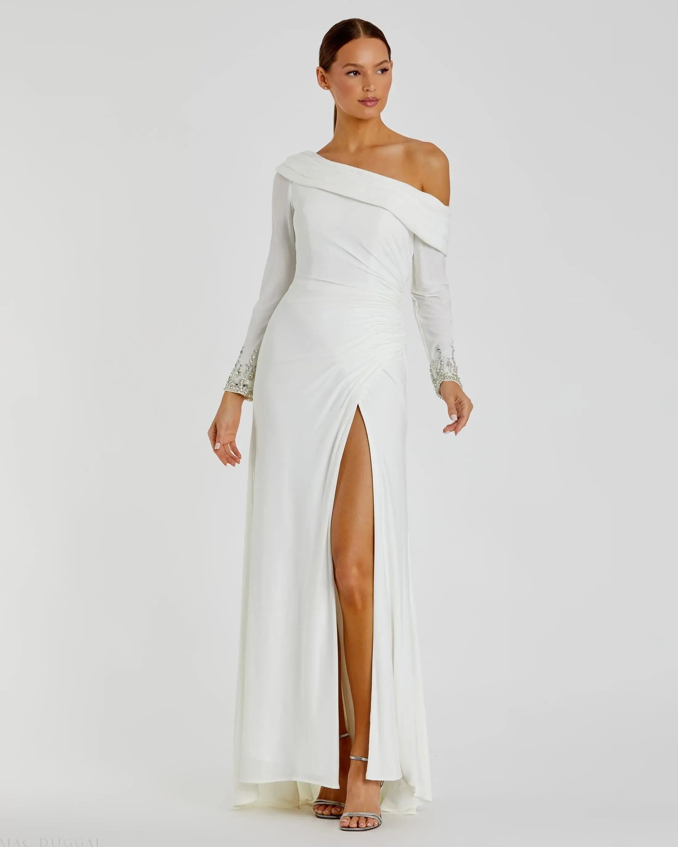 White Beaded Cuff Drop Shoulder Faux Wrap Gown - FINAL SALE-Myartka