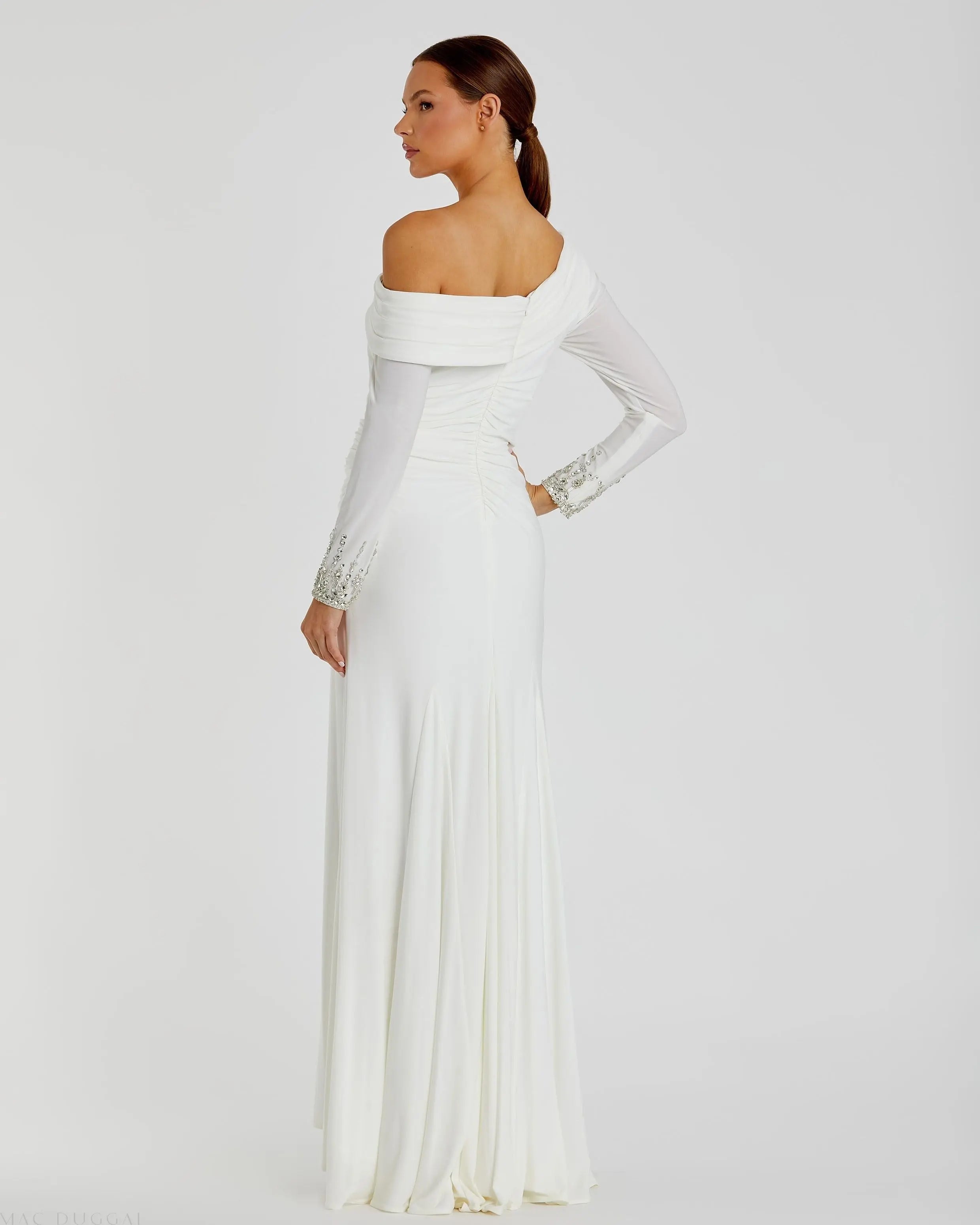 White Beaded Cuff Drop Shoulder Faux Wrap Gown - FINAL SALE-Myartka