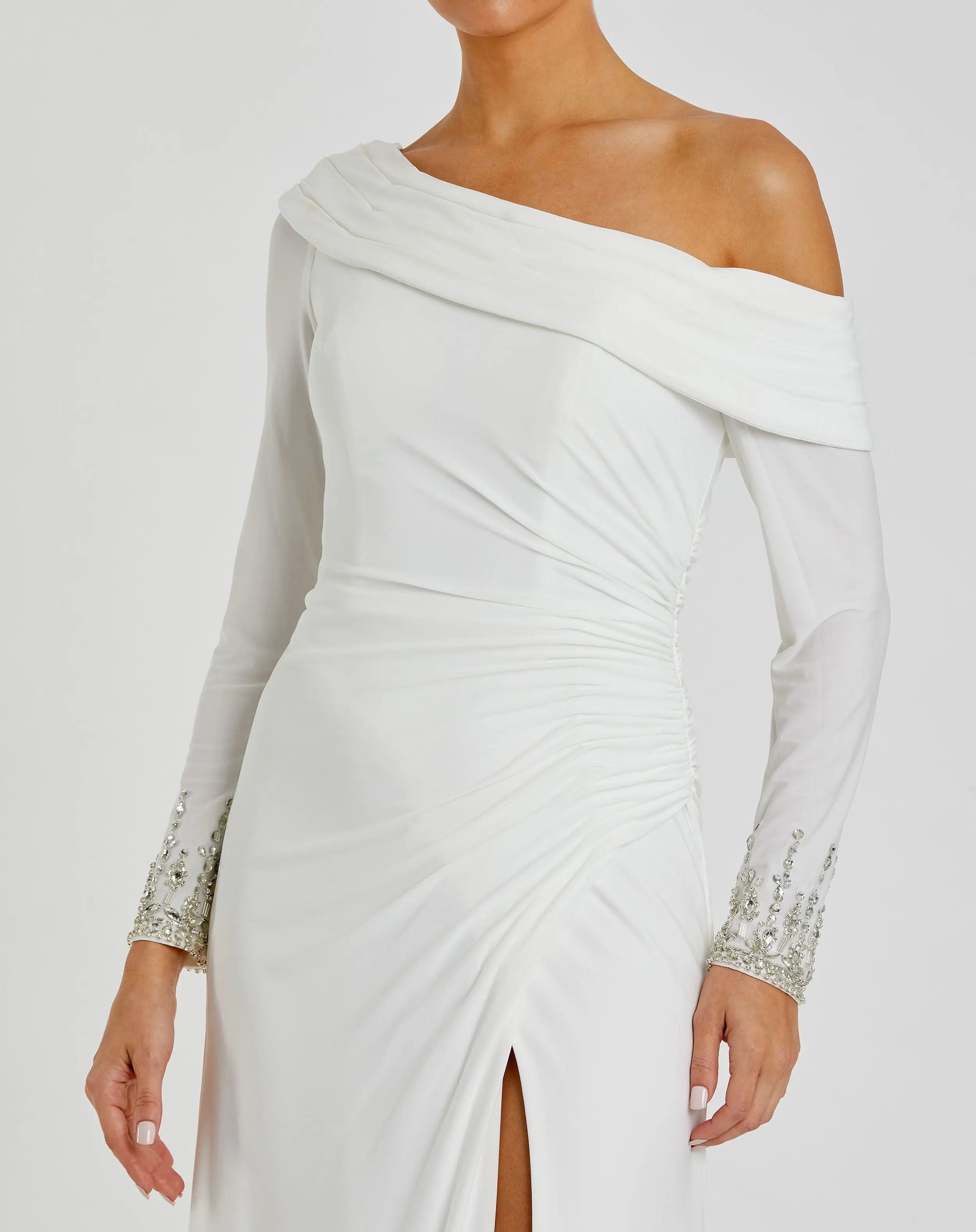 White Beaded Cuff Drop Shoulder Faux Wrap Gown - FINAL SALE-Myartka