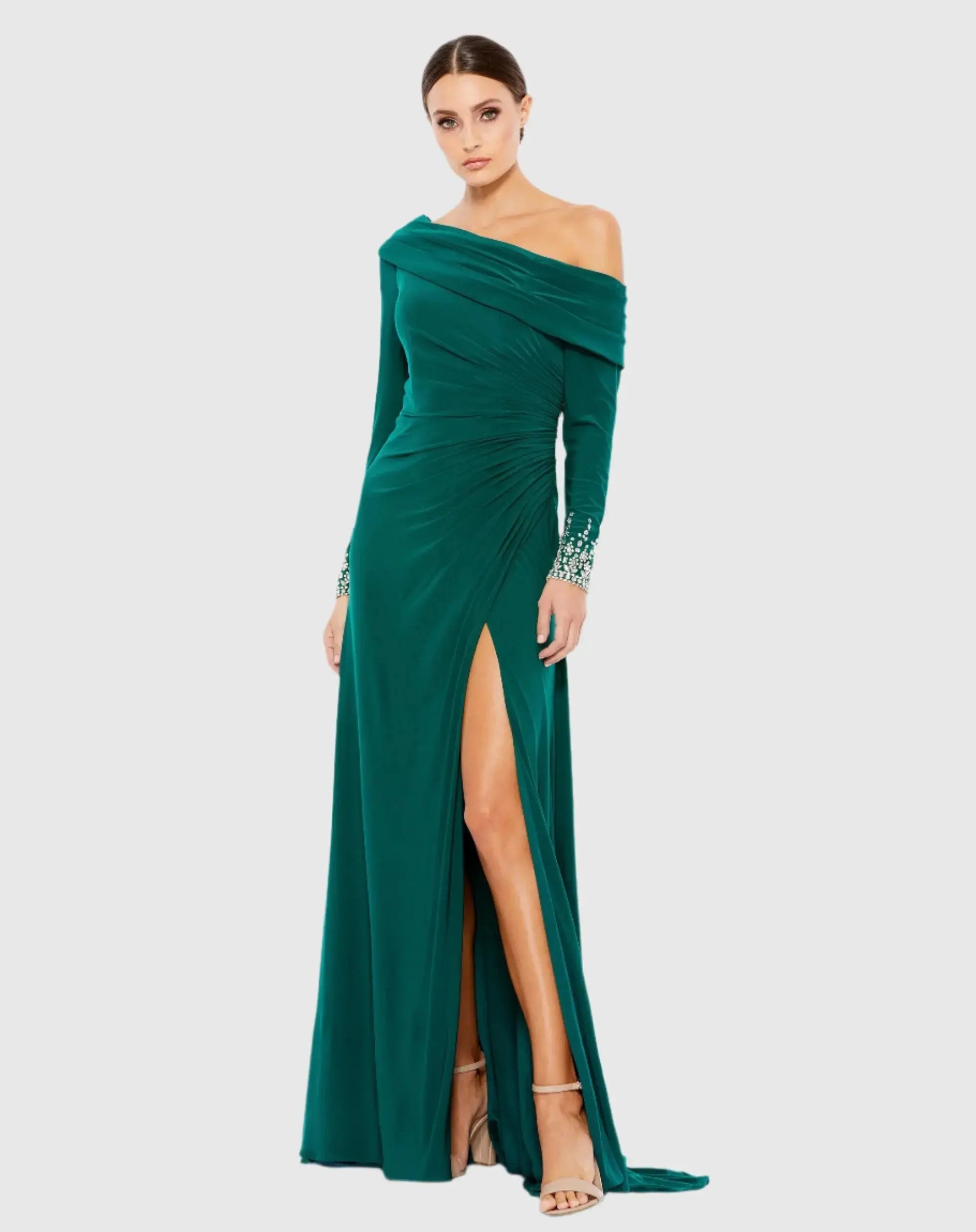 Green Beaded Cuff Drop Shoulder Faux Wrap Gown-Myartka