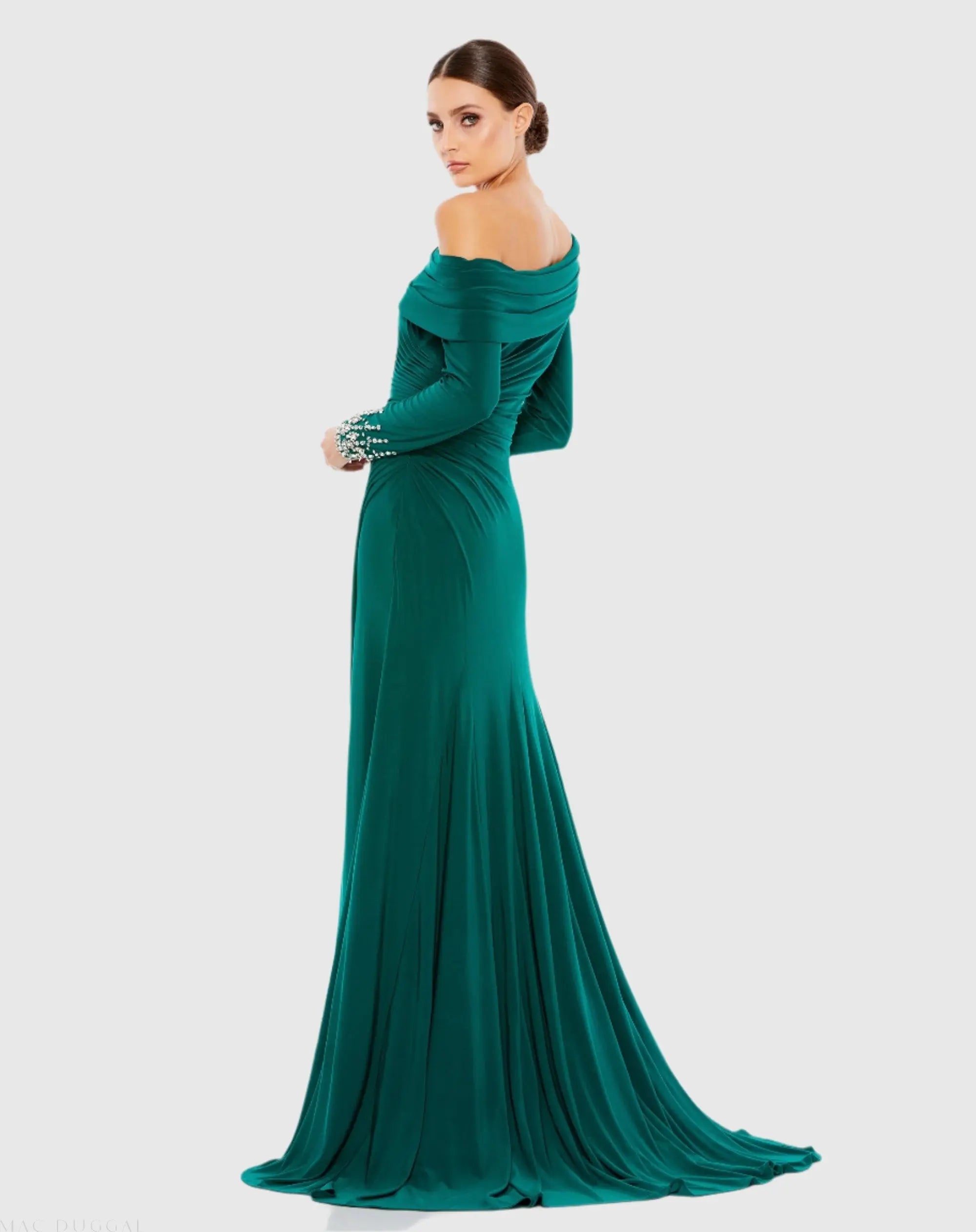 Green Beaded Cuff Drop Shoulder Faux Wrap Gown-Myartka