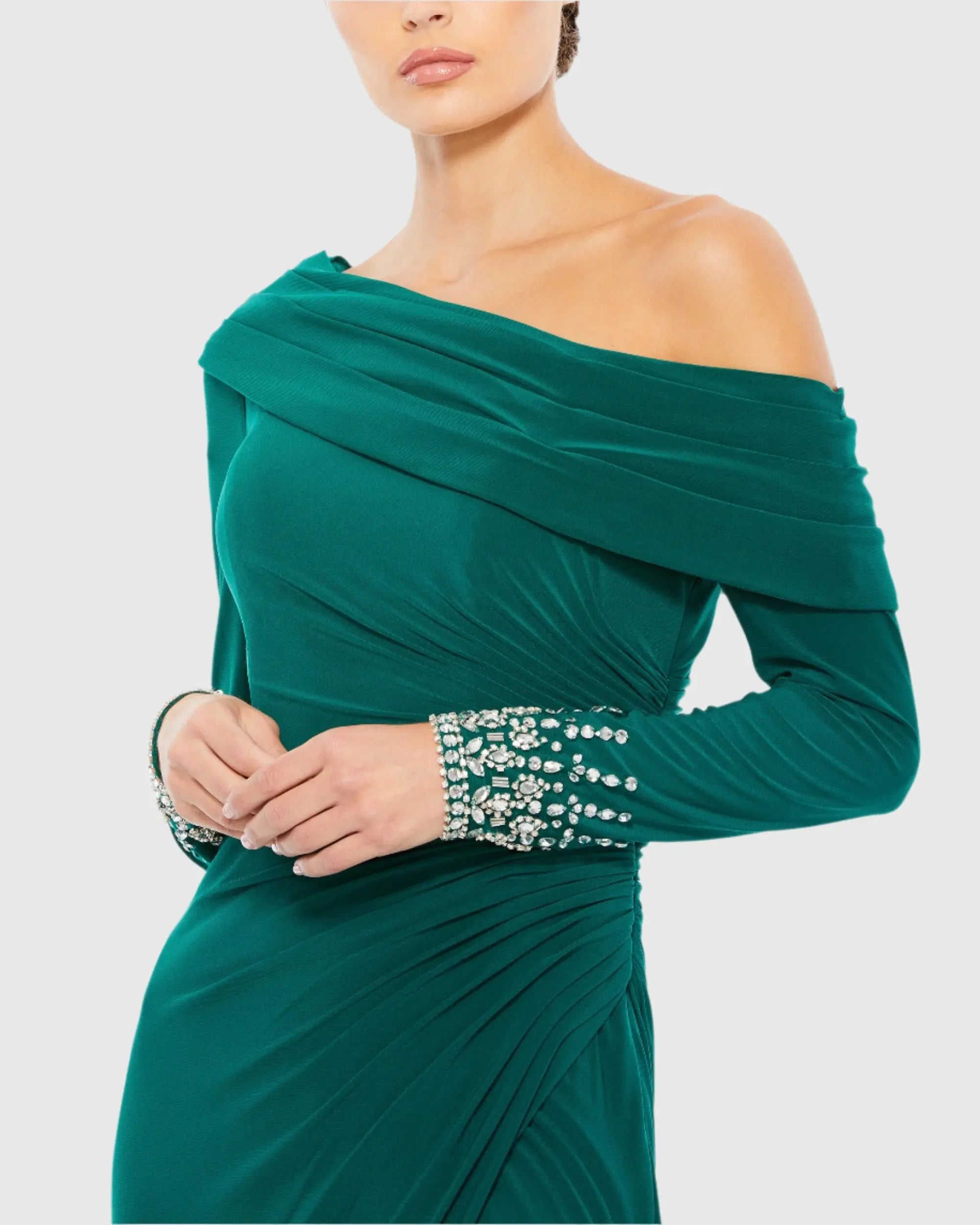 Green Beaded Cuff Drop Shoulder Faux Wrap Gown-Myartka