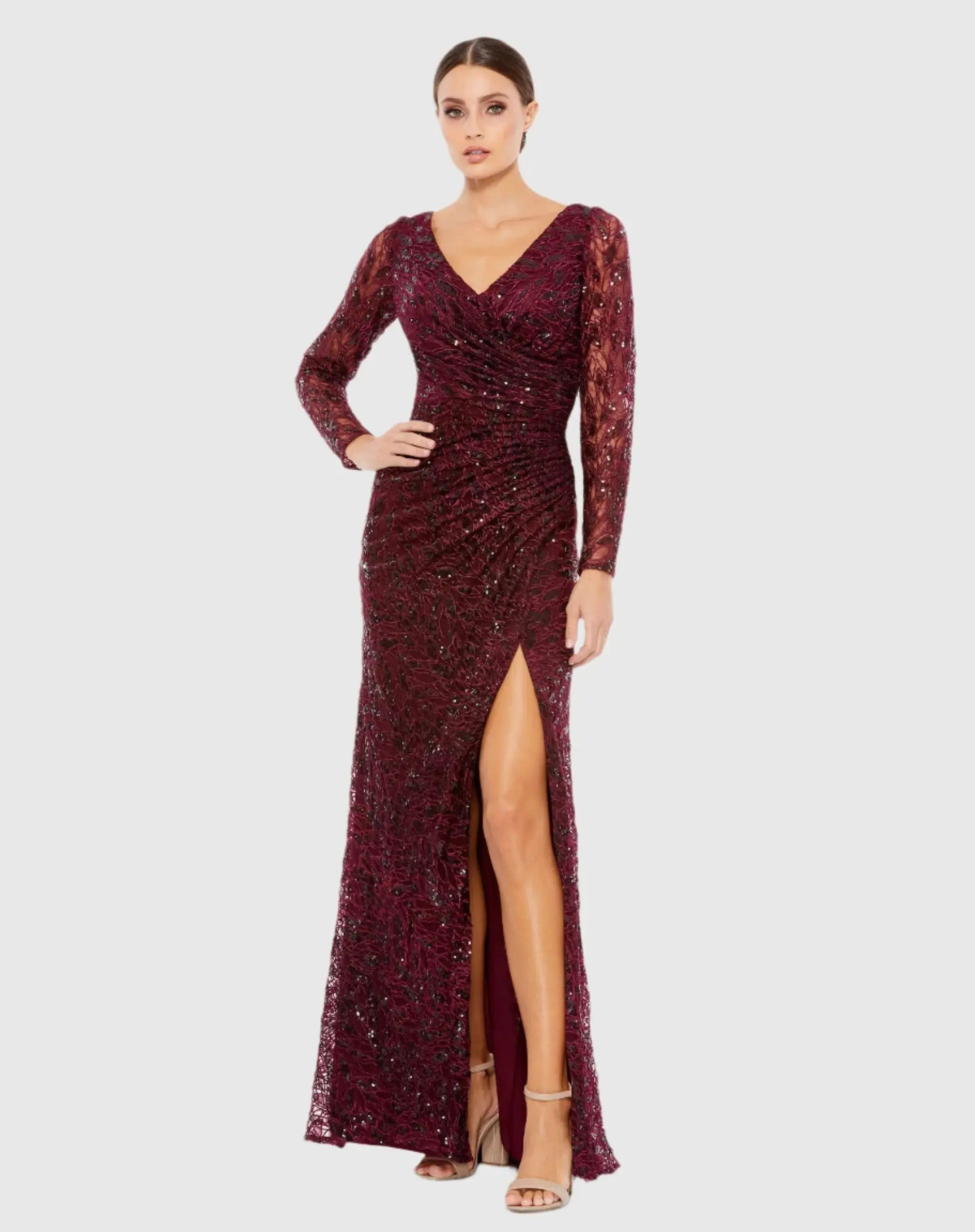 Long Sleeve Ruched Sequined V-Neck Gown-Myartka