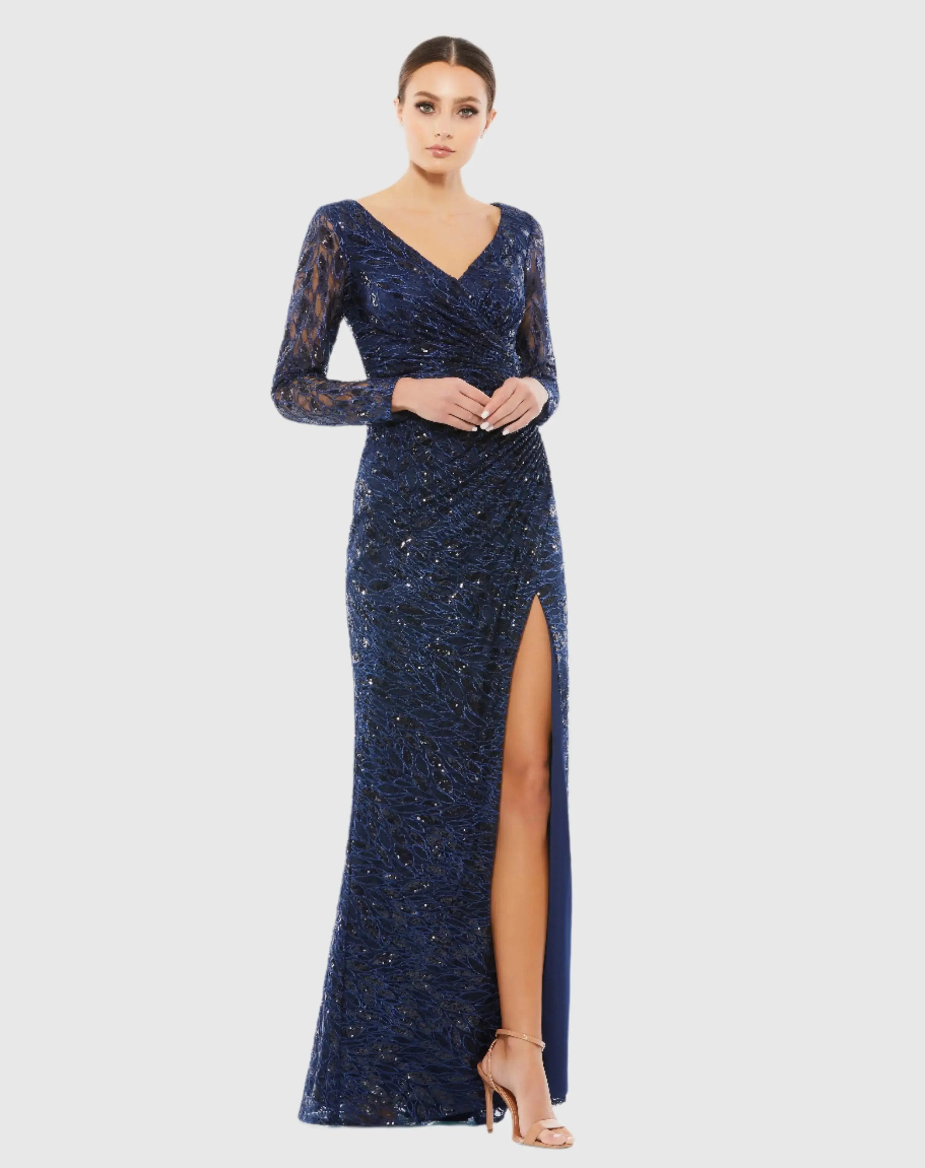 Long Sleeve Ruched Sequined V-Neck Gown-Myartka
