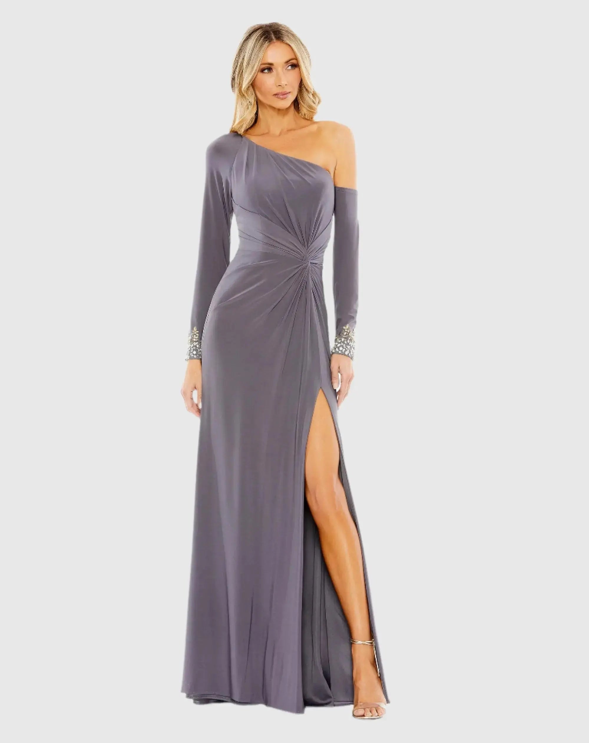 Gray Side Twist Drop Shoulder Beaded Cuff Gown-Myartka