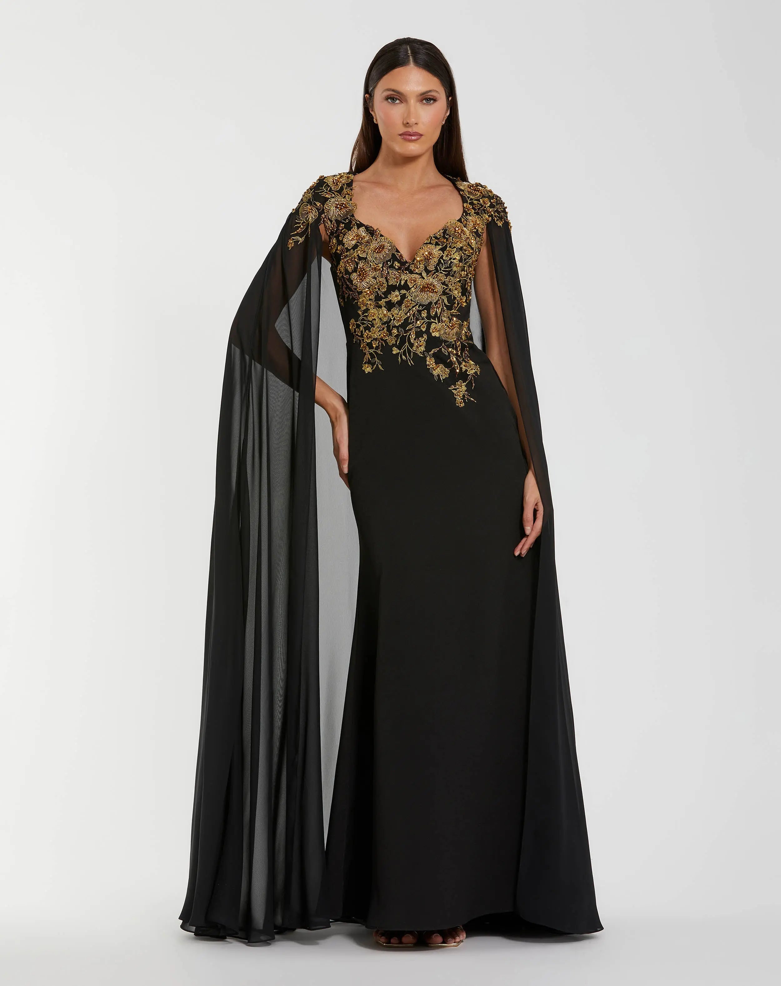 Black and Gold Embellished Column Gown with Chiffon Cape Sleeves-Myartka