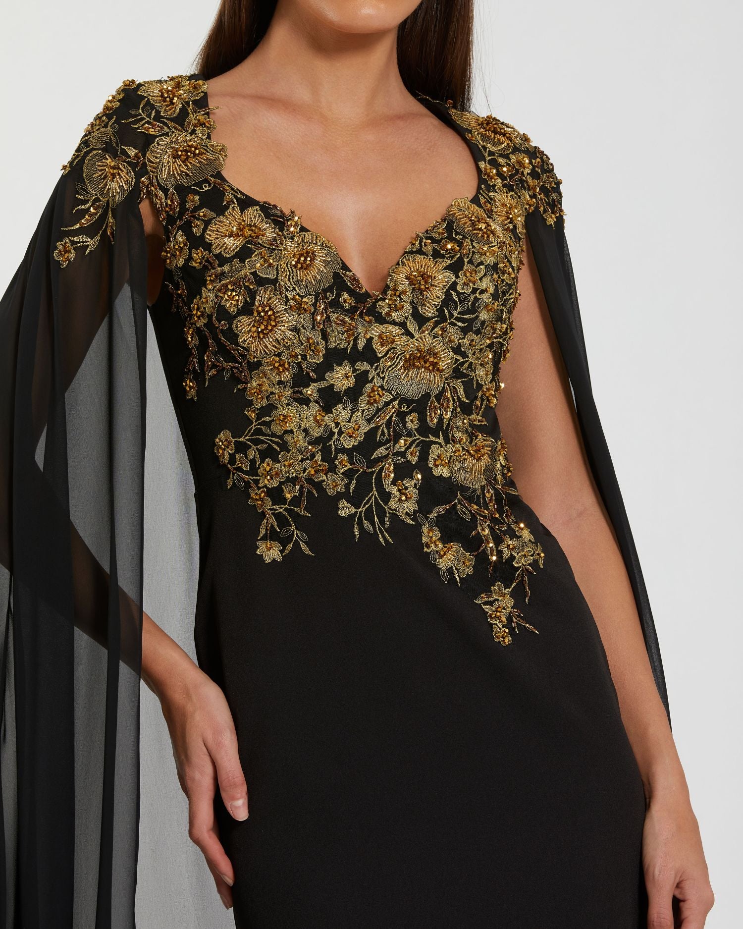 Black and Gold Embellished Column Gown with Chiffon Cape Sleeves-Myartka