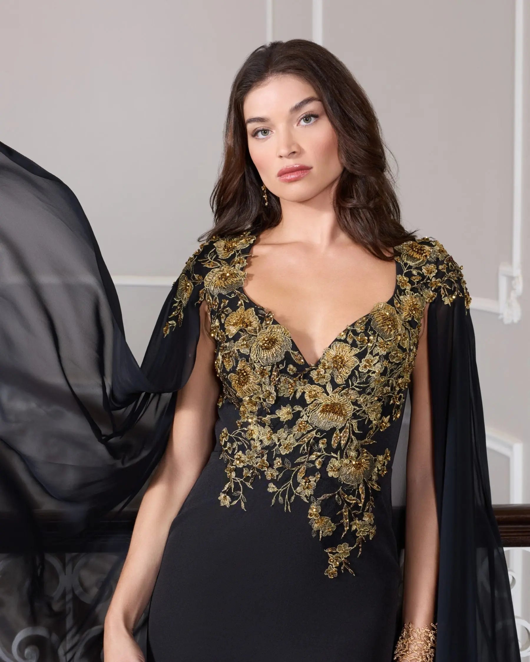 Black and Gold Embellished Column Gown with Chiffon Cape Sleeves-Myartka