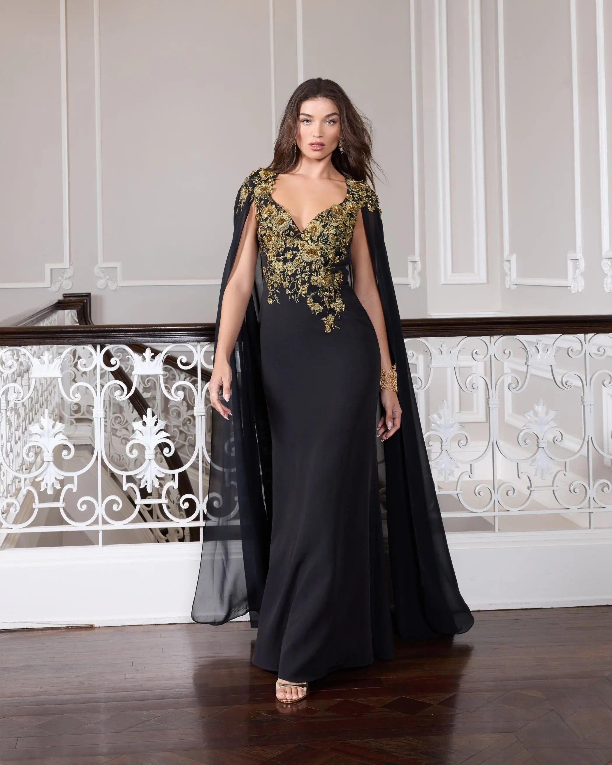 Black and Gold Embellished Column Gown with Chiffon Cape Sleeves-Myartka