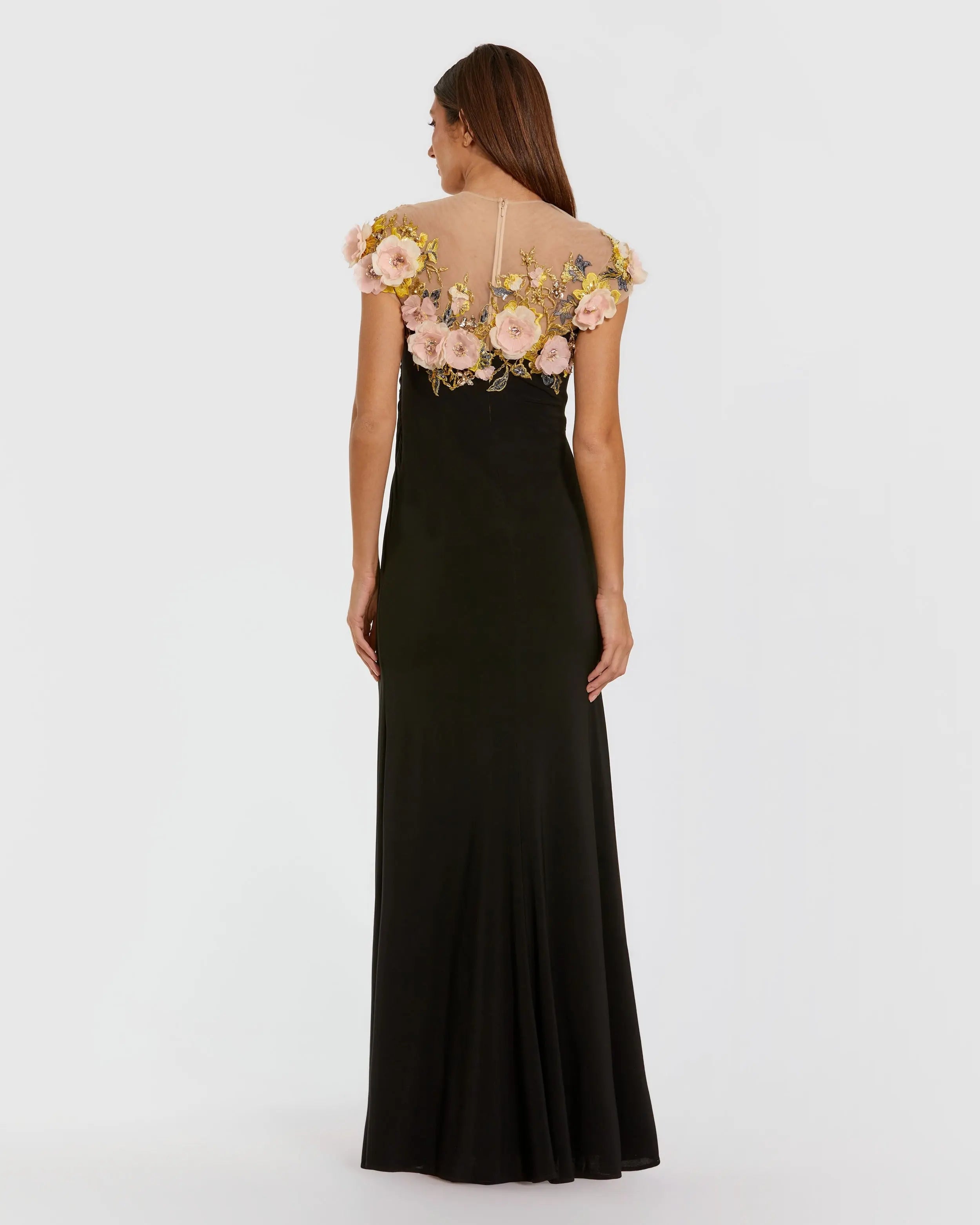 Black Jersey Column Gown With 3D Flower Embellishments-Myartka