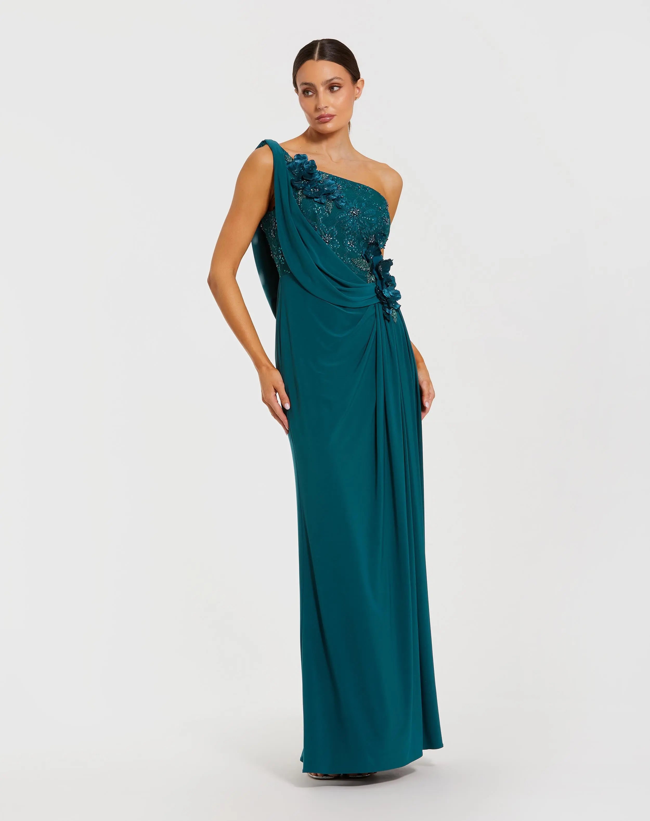 Teal One Shoulder Draped Jersey Gown With 3D Flowers-Myartka