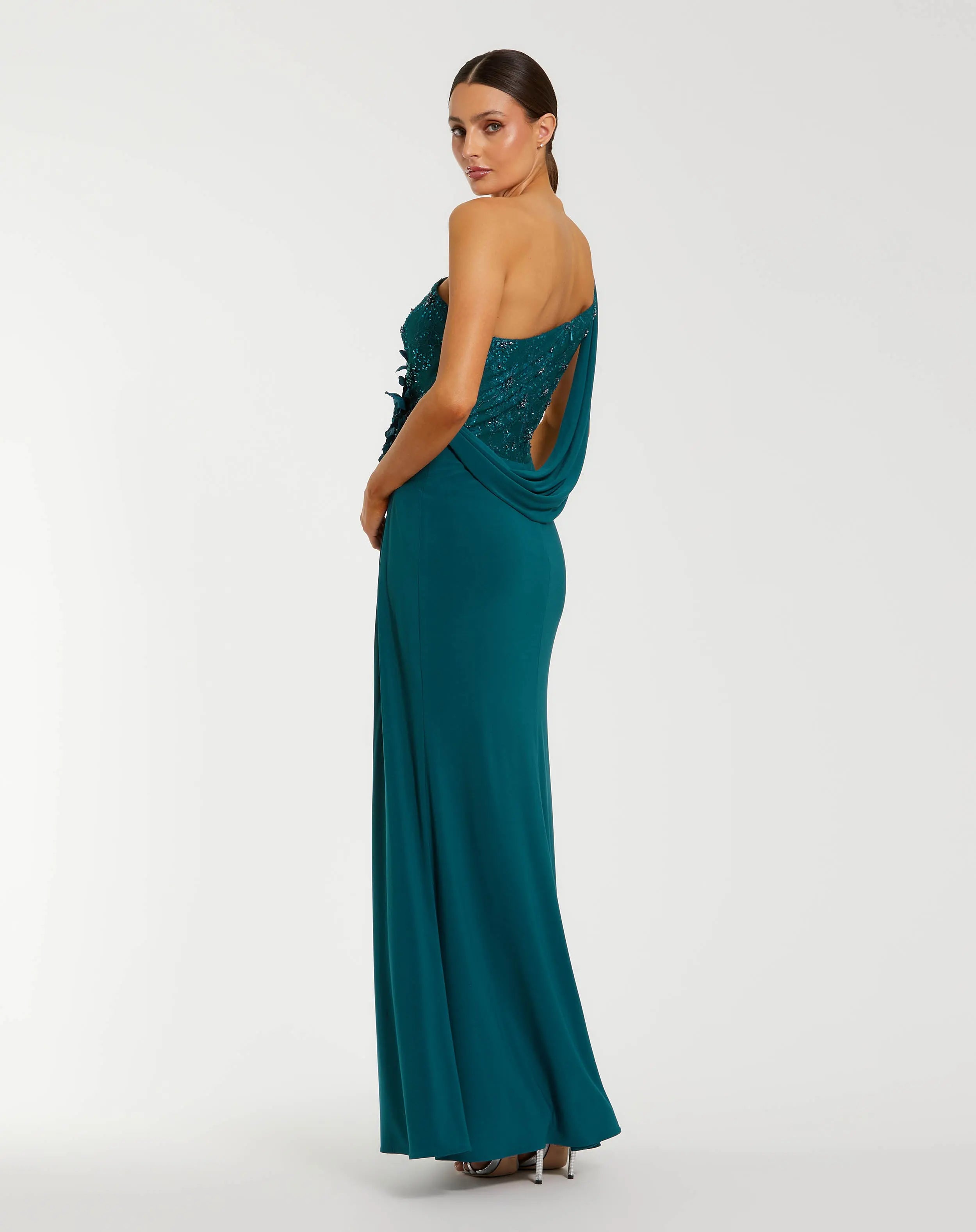 Teal One Shoulder Draped Jersey Gown With 3D Flowers-Myartka