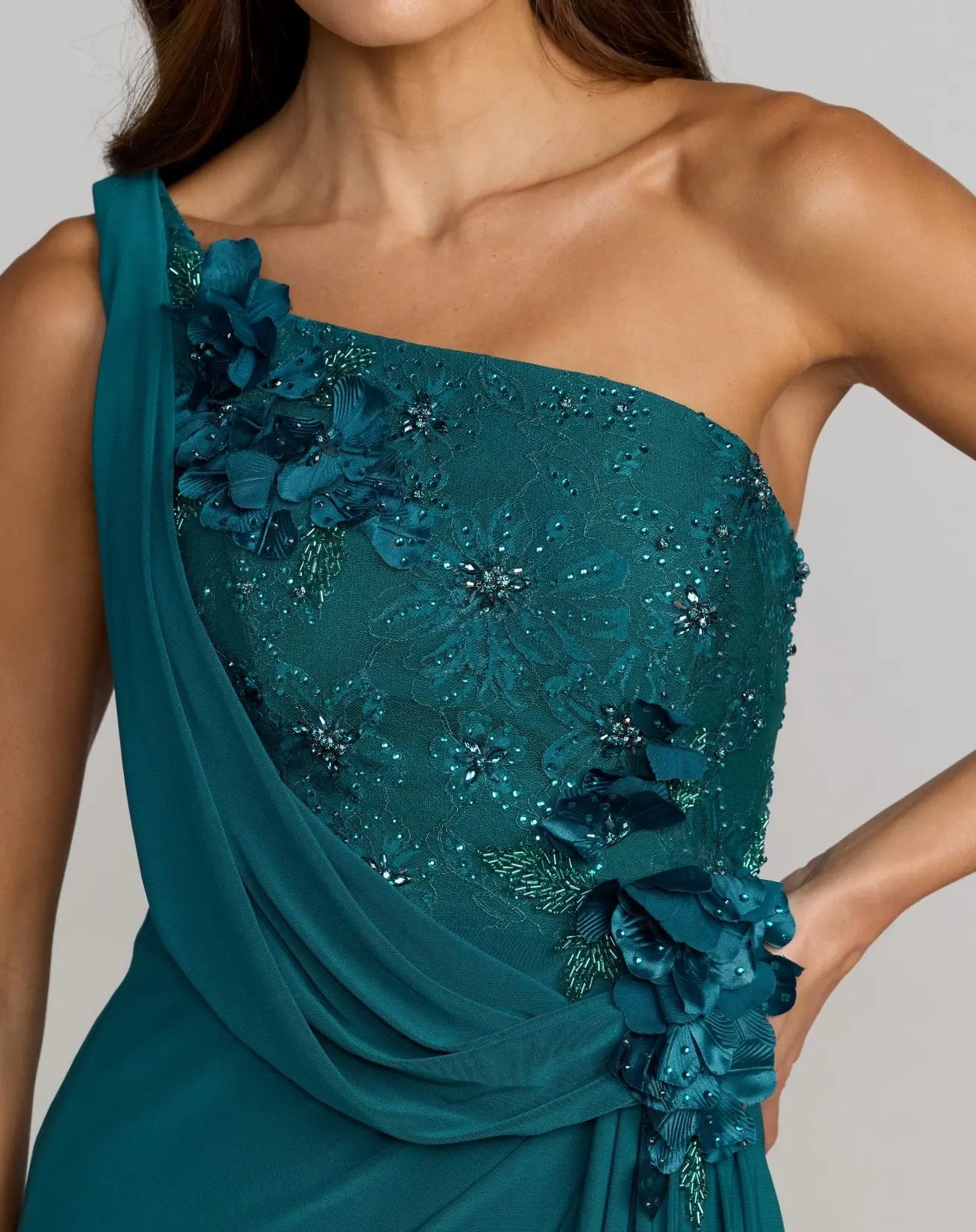 Teal One Shoulder Draped Jersey Gown With 3D Flowers-Myartka